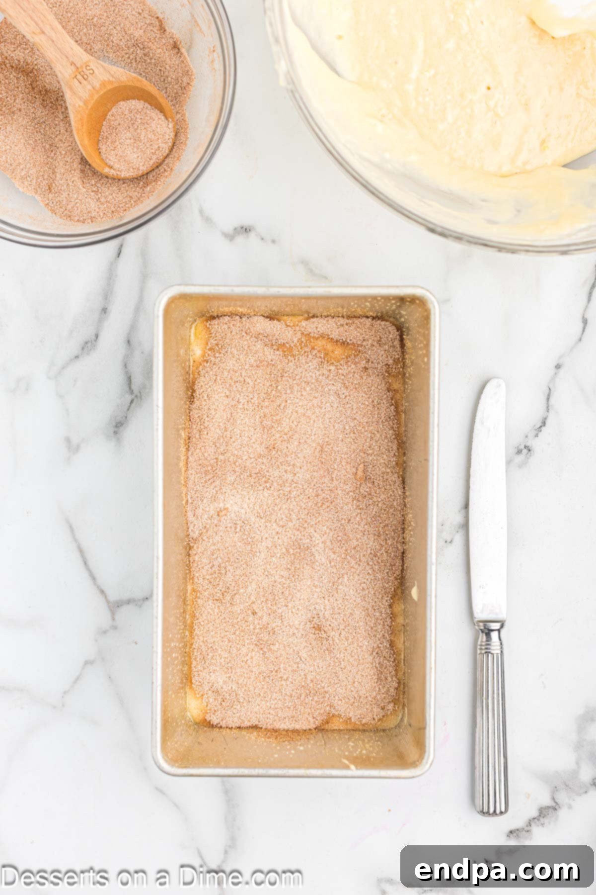 Cinnamon mixture on top of batter. 