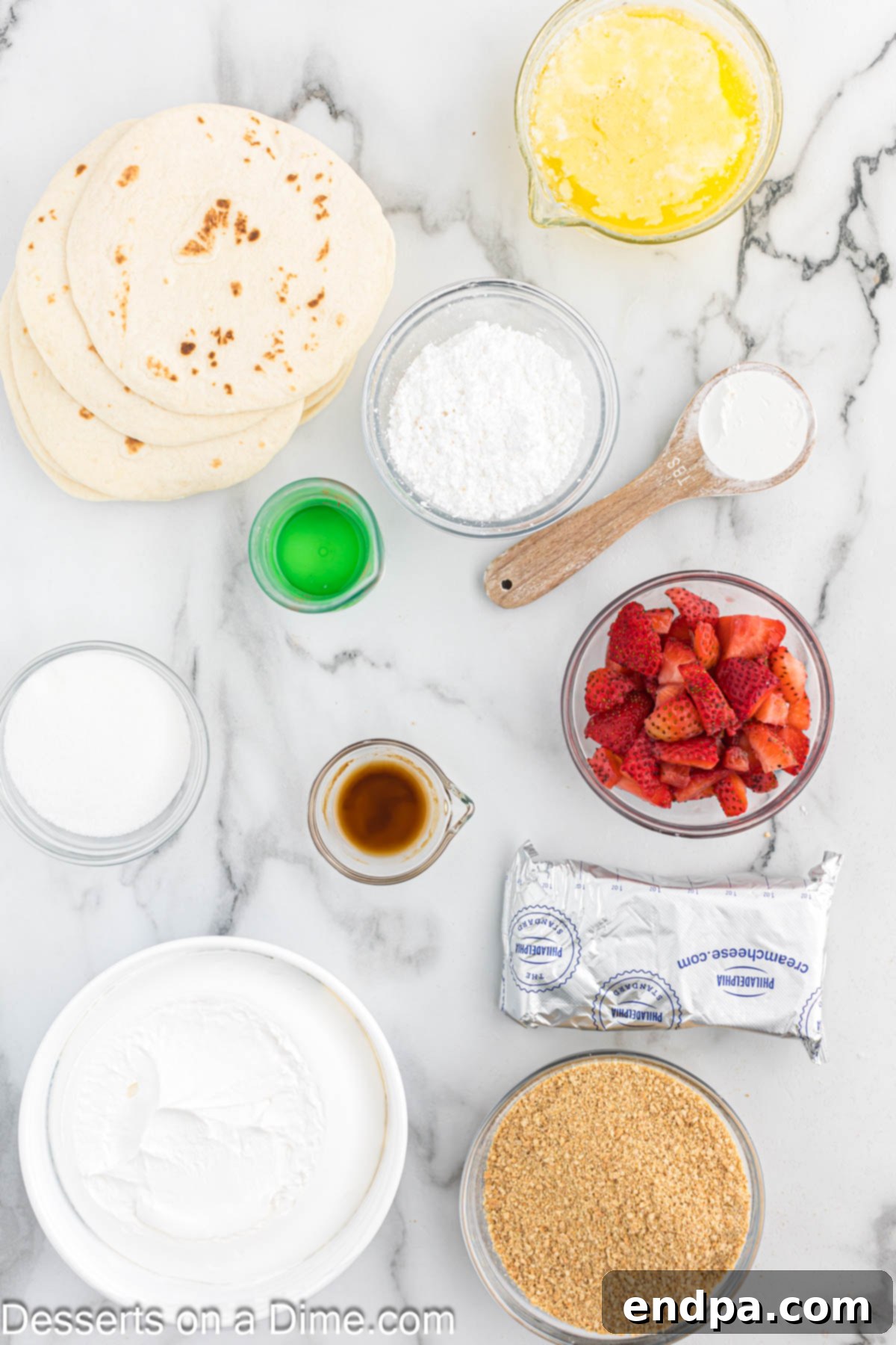 Ingredients for tacos- strawberries, cream cheese, tortillas, whipped cream, powdered sugar, milk.