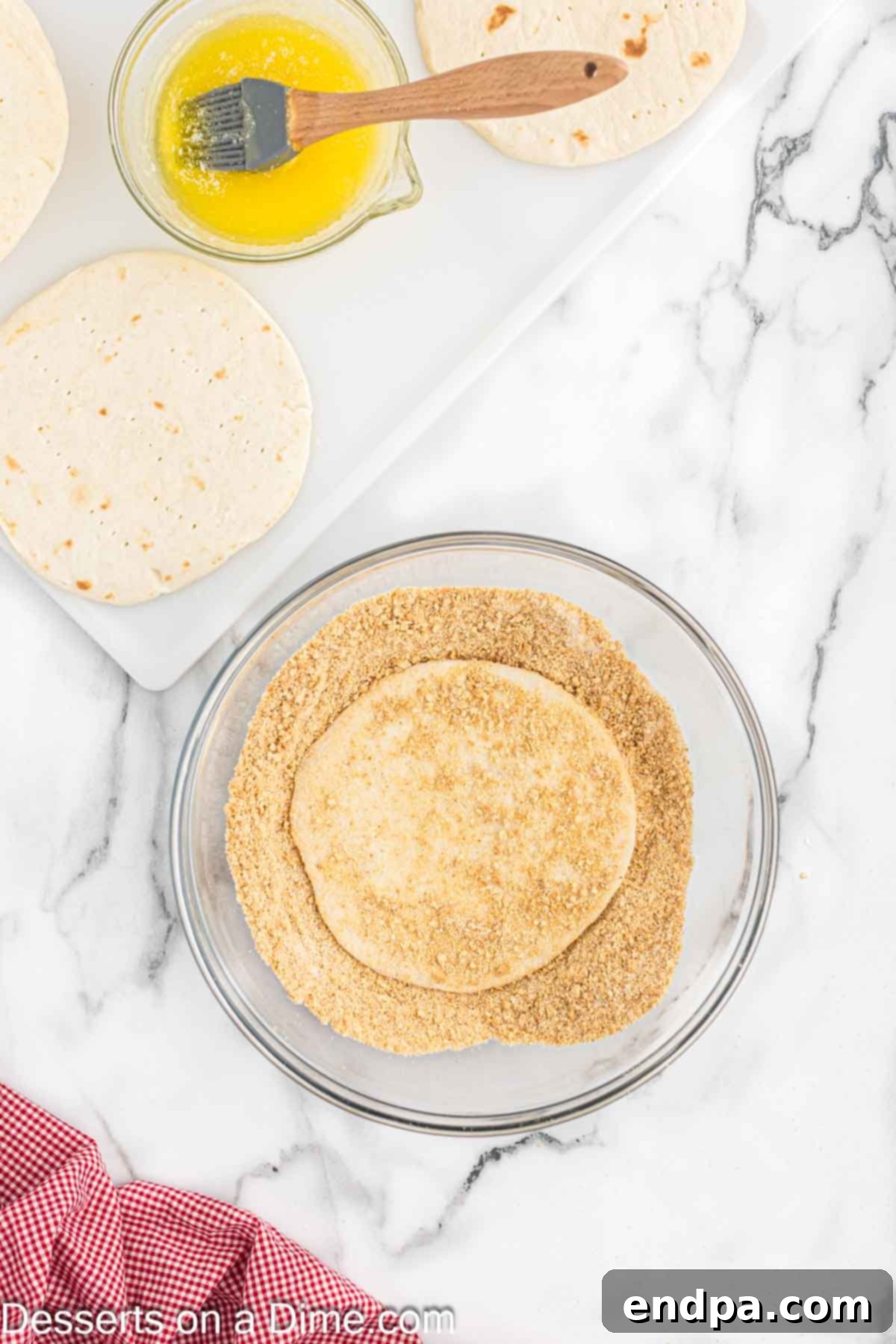 Tortilla shell dipped in coating.