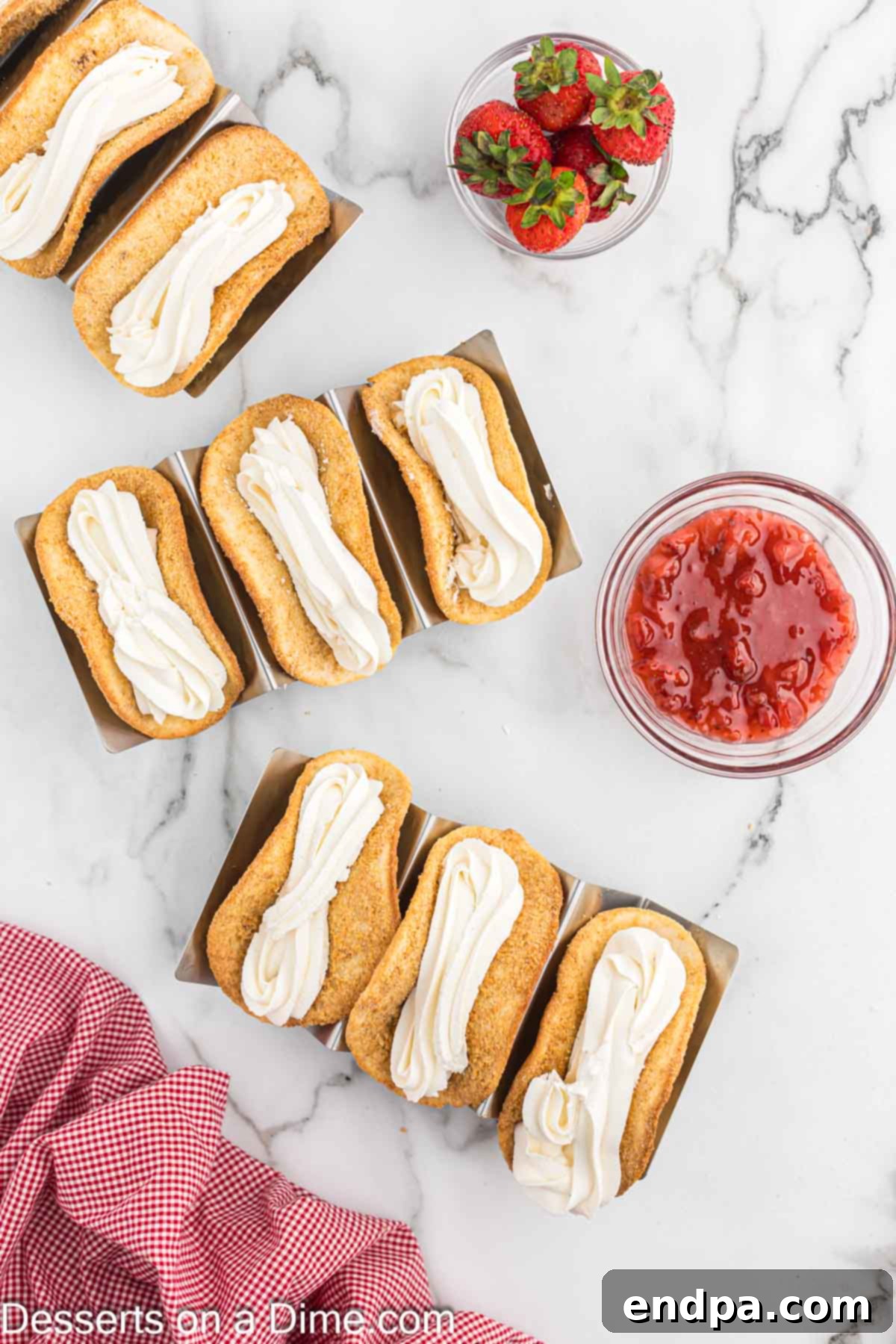 Cheesecake filling in taco shells.