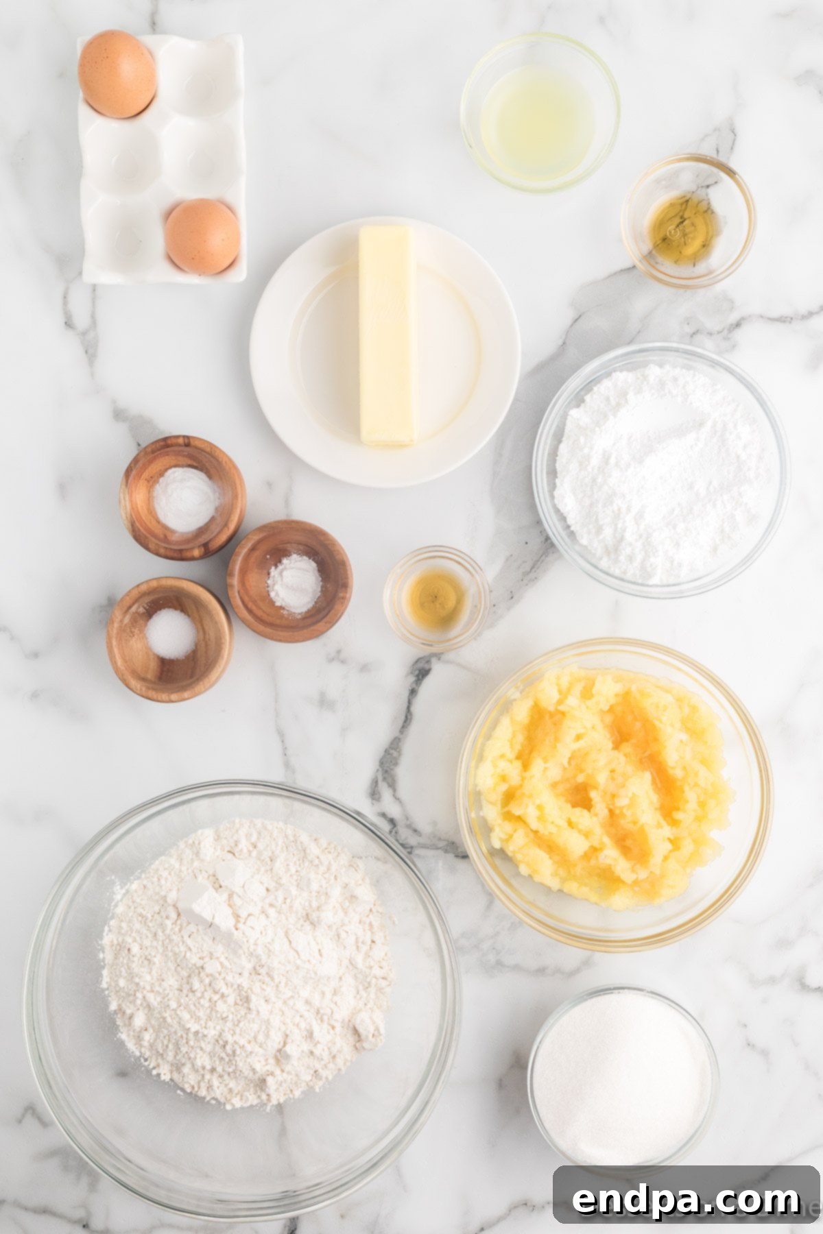 Grilled Pineapple Sweetbread 3 Ingredients for recipe - flour, sugar, butter, eggs, vanilla, pineapple, powdered sugar, vanilla, pineapple juice.