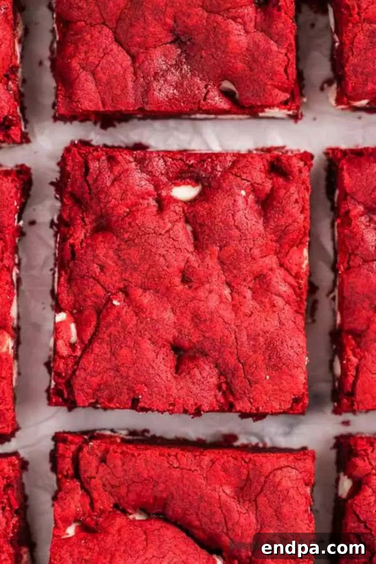 Ruby Red Brownie Bliss 9 Close up of red velvet brownies with visible white chocolate chips, showing the rich red color and fudgy texture.