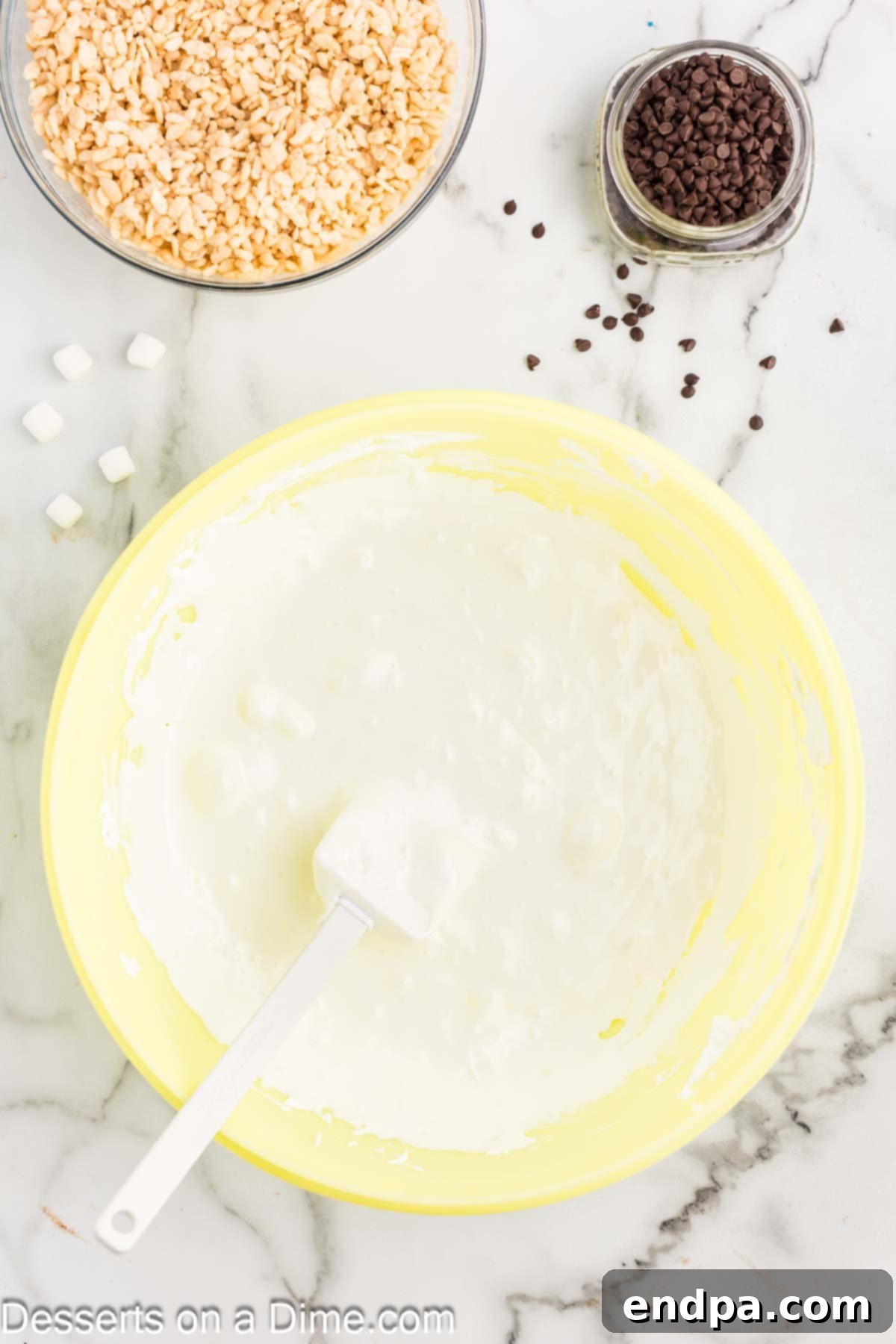 Bowl with melted marshmallows. 