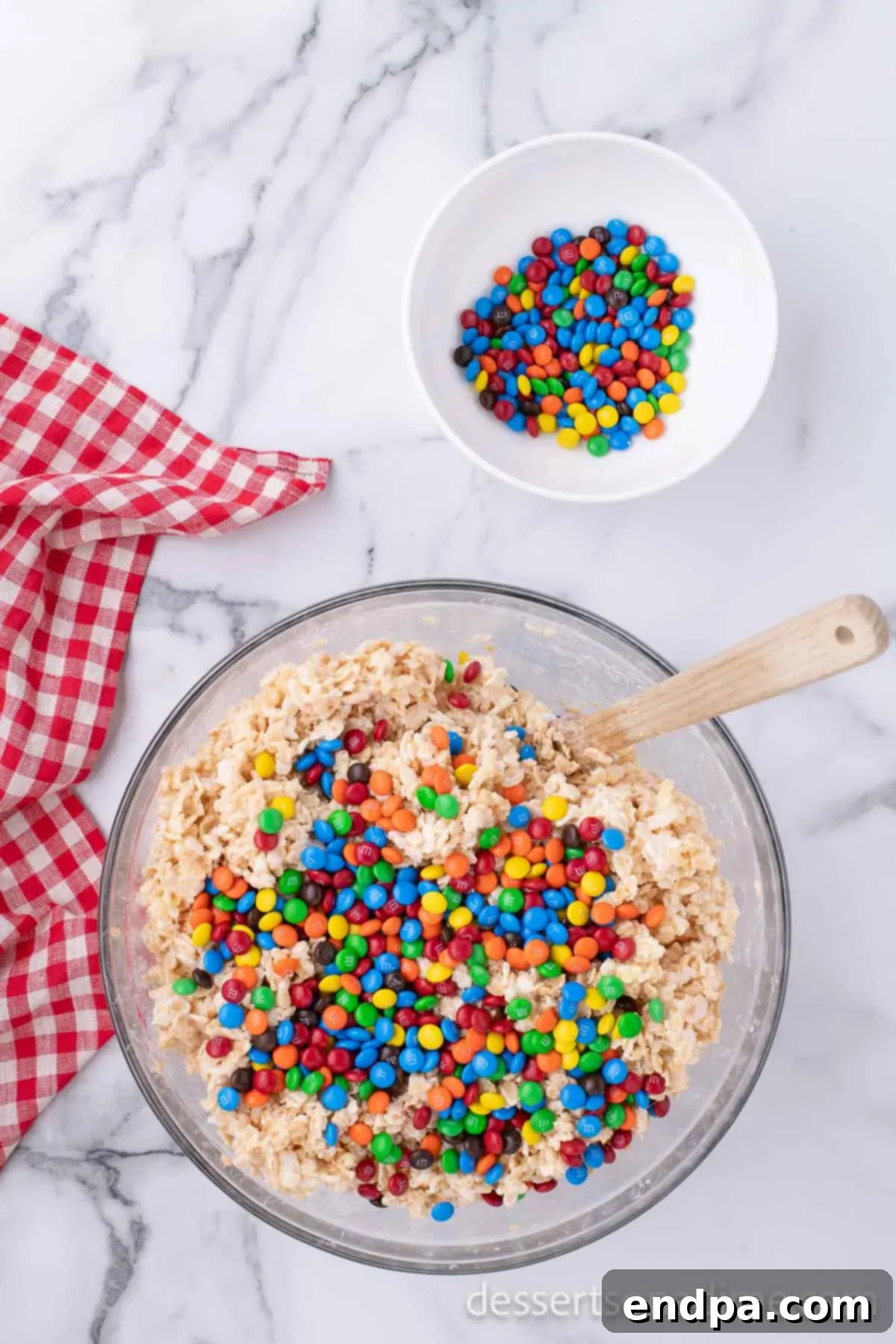 Candy folded into mixture. 
