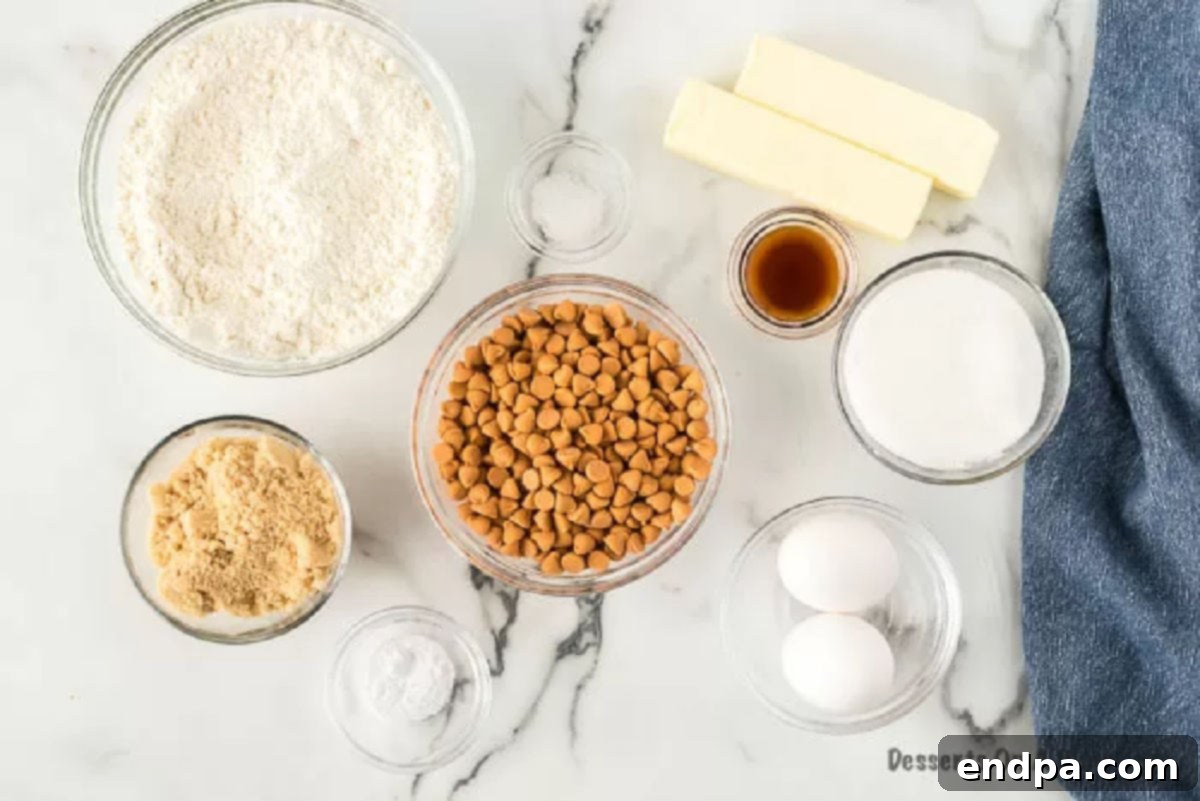 Key ingredients for homemade butterscotch cookies: butter, sugars, vanilla, eggs, flour, baking soda, salt, and butterscotch chips. Butterscotch Cookies ingredients including white sugar, brown sugar, vanilla extract, eggs, flour, baking soda, sea salt, and butterscotch chips.