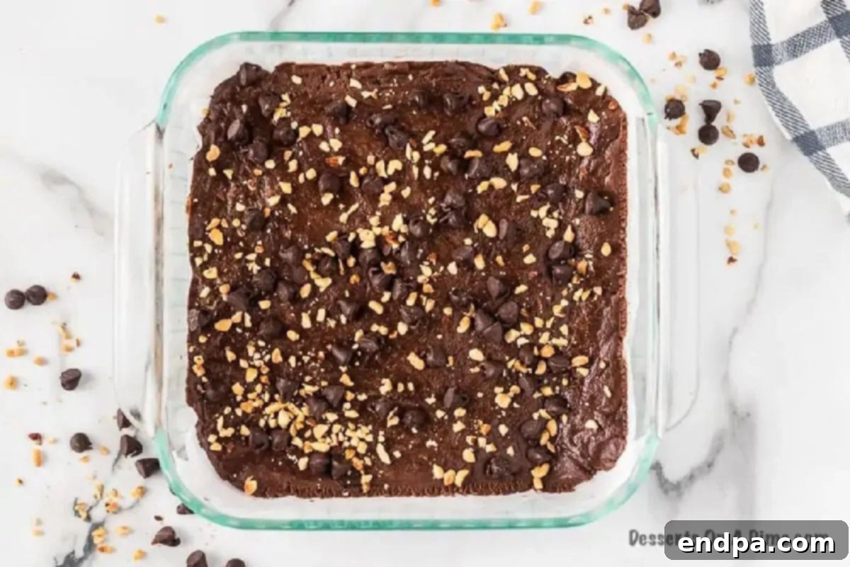 The smooth chocolate peanut butter fudge mixture spread evenly into a prepared baking dish and topped with a generous sprinkle of peanuts and extra chocolate chips.