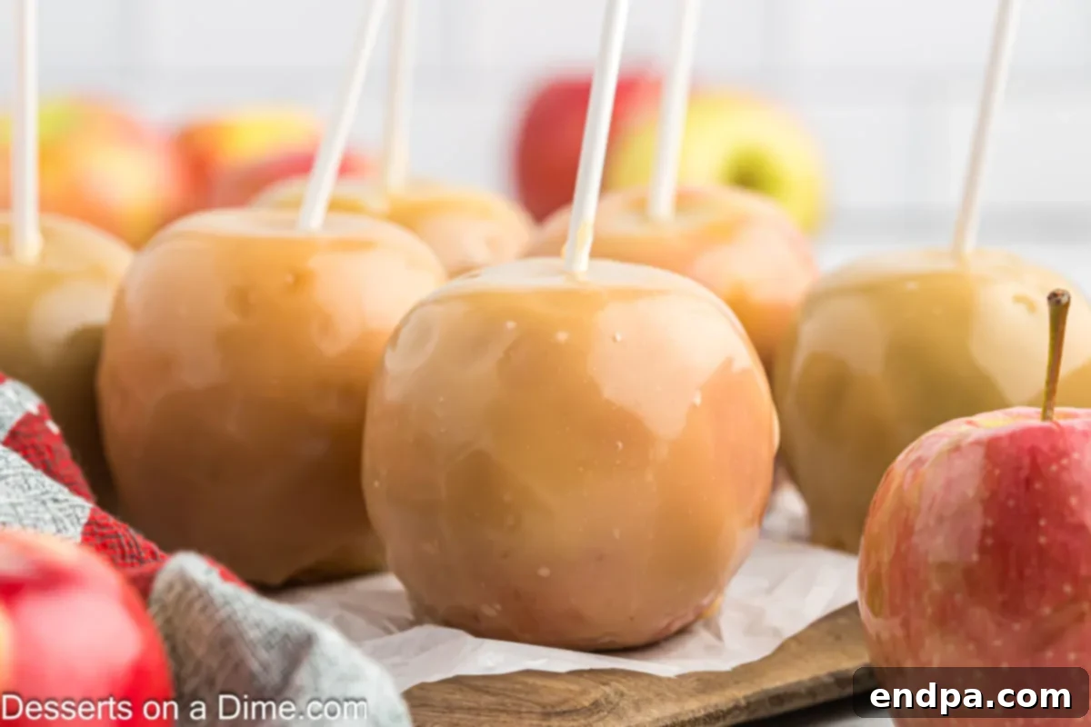 A vibrant collection of Homemade Caramel Apples, elegantly arranged and ready to be enjoyed.