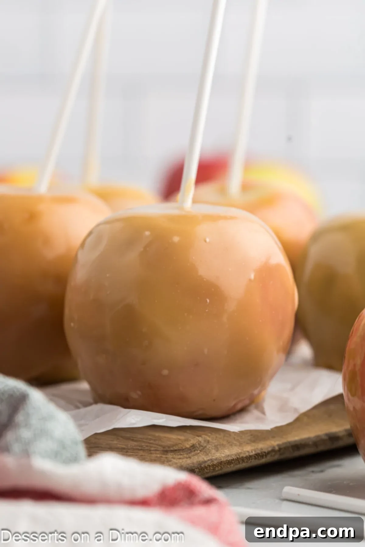 A cluster of beautifully homemade caramel apples, perfectly set and ready to be served as a delightful fall treat.