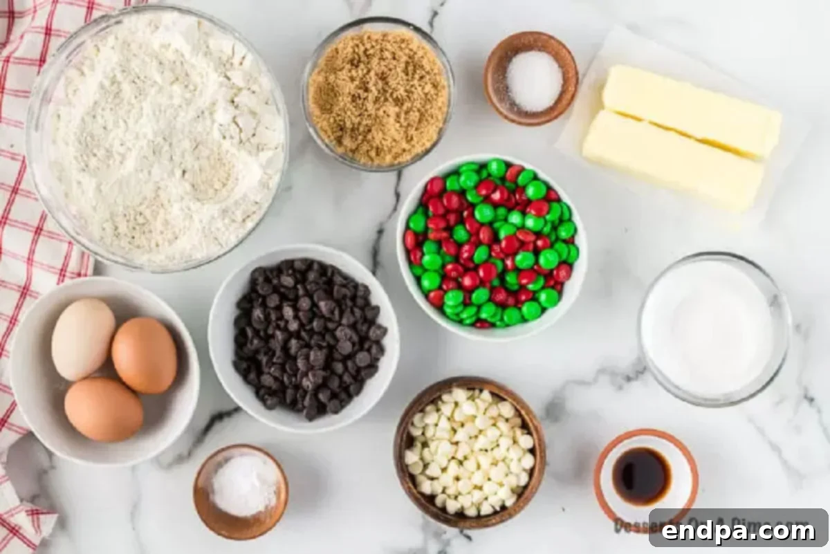 Santa Cookies Ingredients: Simple Pantry Staples for Delicious Christmas Baking Essential ingredients for Santa Cookies: flour, salt, baking soda, butter, brown sugar, granulated sugar, vanilla extract, eggs, chocolate chips, and Christmas M&M's