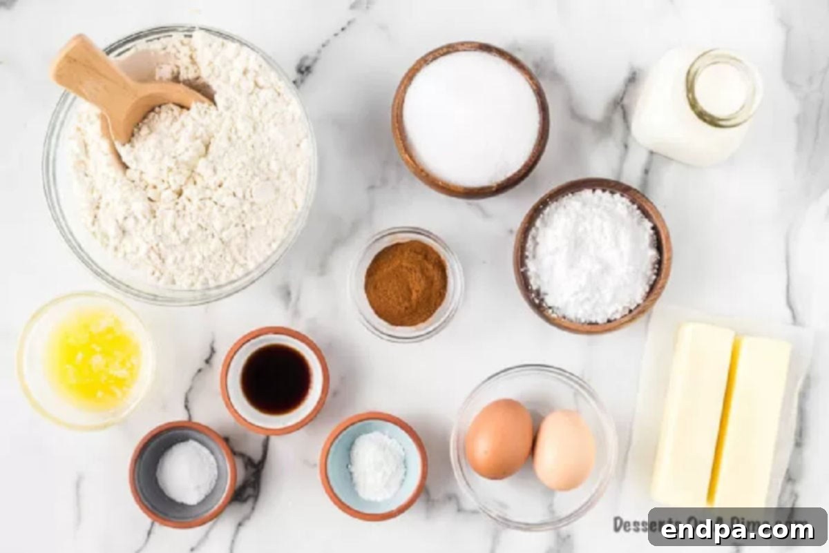 Ingredients needed for cinnamon roll cookies: flour, salt, butter, baking powder, sugar, vanilla, eggs, cinnamon, powdered sugar, milk.