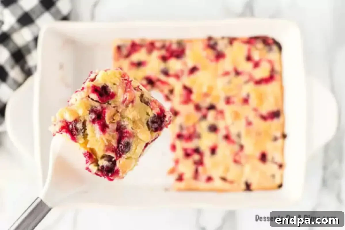 Slice of Cranberry Cake being served with a spatula.