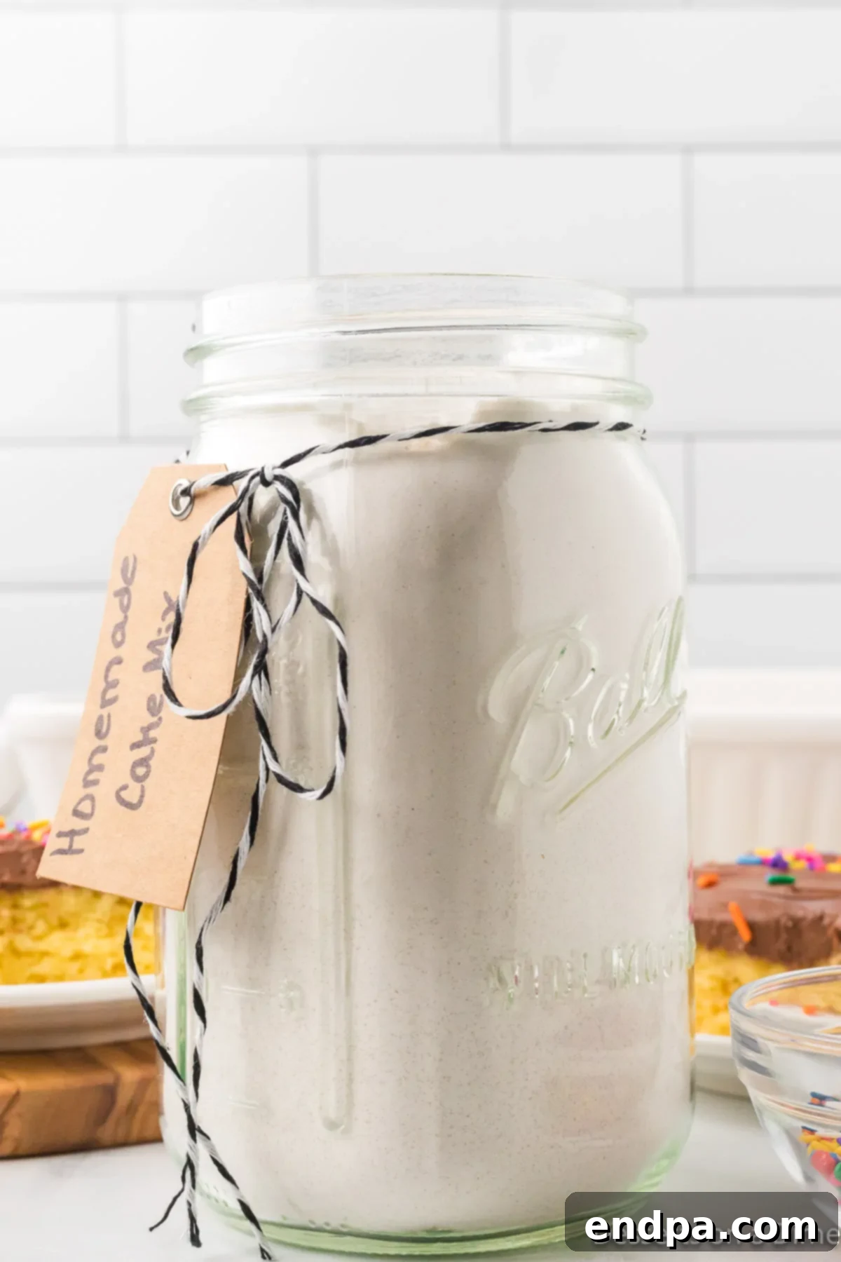 Mason jar filled with homemade cake mix, ready for baking or gifting.