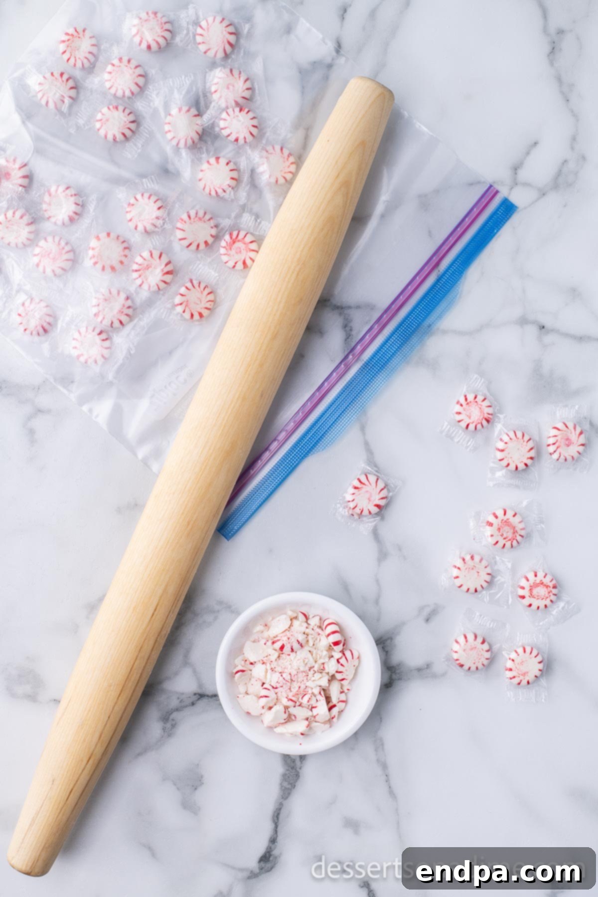 Dark Chocolate-Dipped Peppermint Cookie Delights 10 Peppermint candies in a resealable bag, ready to be crushed.