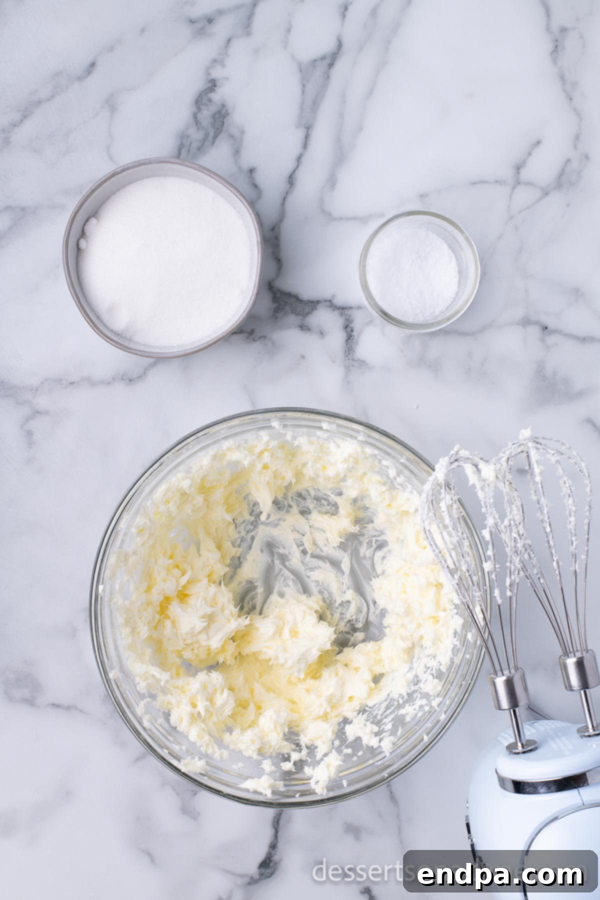 Dark Chocolate-Dipped Peppermint Cookie Delights 2 Empty mixing bowl with softened butter ready for beating.