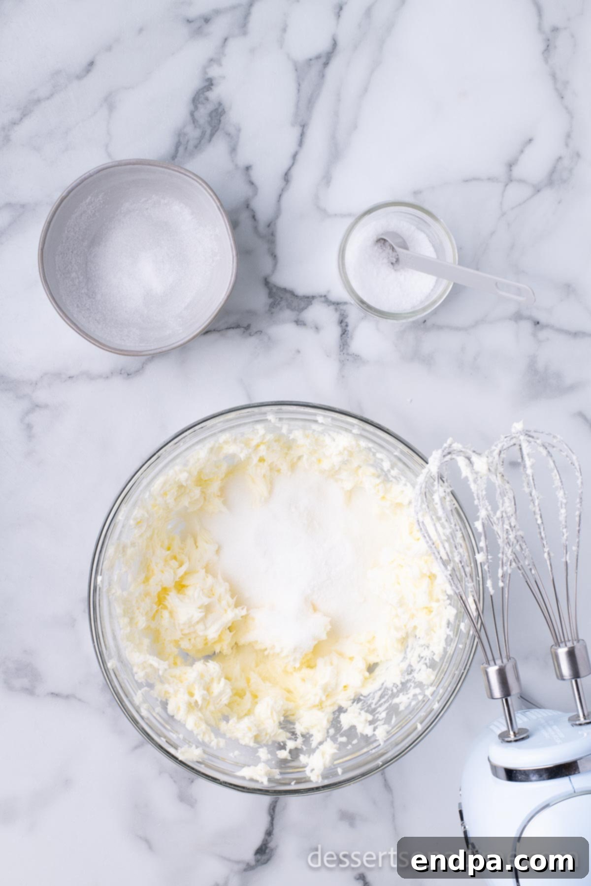 Dark Chocolate-Dipped Peppermint Cookie Delights 3 Softened butter being creamed in a stand mixer.