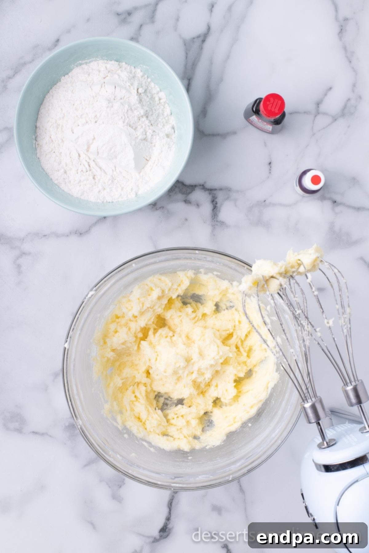 Dark Chocolate-Dipped Peppermint Cookie Delights 5 Dry ingredients being gradually mixed into the wet cookie dough.