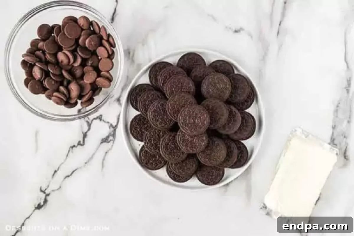 Simple ingredients for the best Oreo Balls: cream cheese, Oreo cookies, and chocolate for dipping. A classic 3-ingredient no-bake dessert. Ingredients needed: Chocolate Chips, Oreo Cookies, and Cream cheese