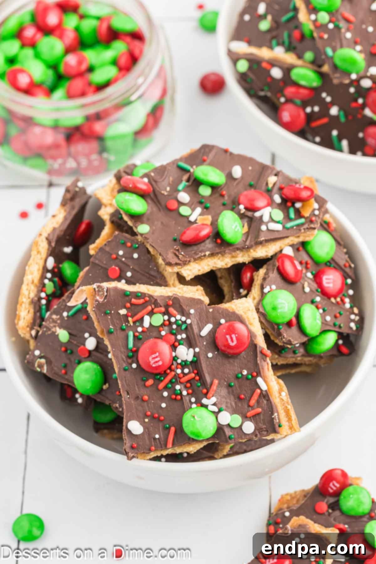 Christmas Bark broken into pieces and ready to serve.