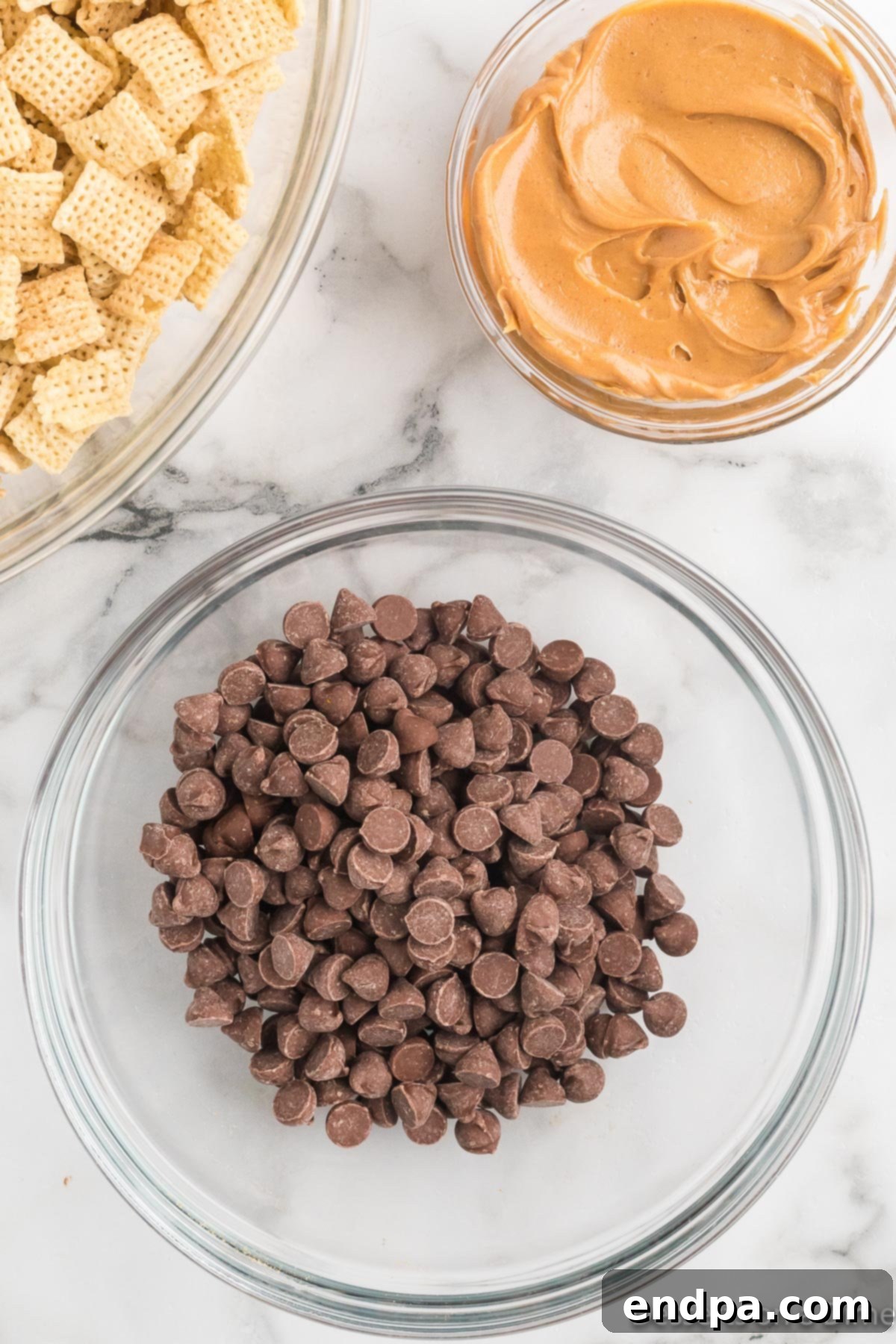 Bowl of chocolate chips, ready for melting and mixing.