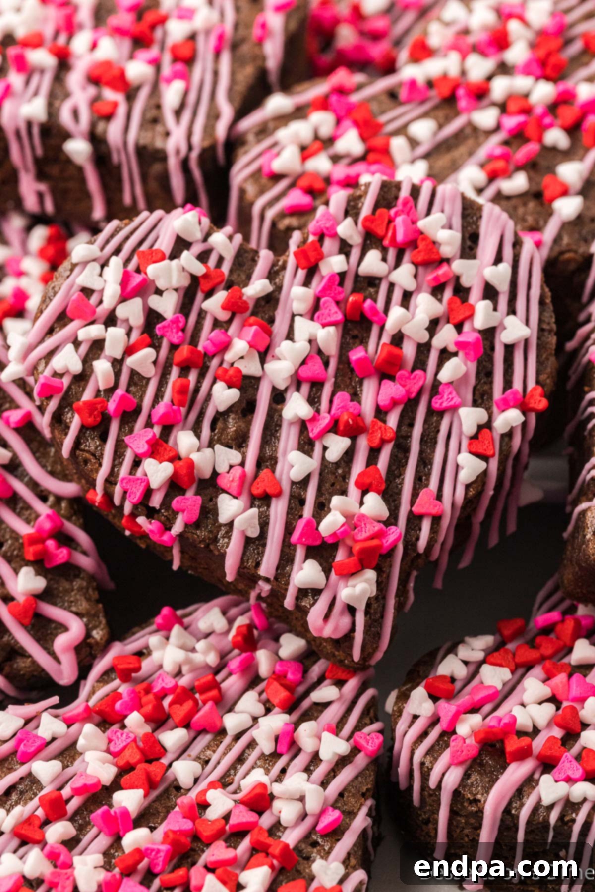 Sweetheart Brownies 11 A stack of beautifully decorated heart-shaped brownies, showcasing their fudgy texture.