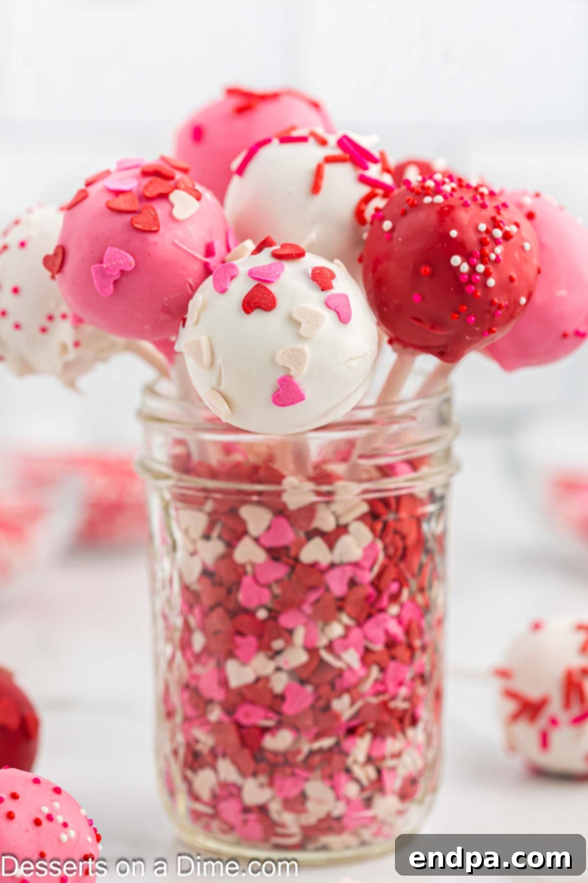 Valentine cake pops in glass. 