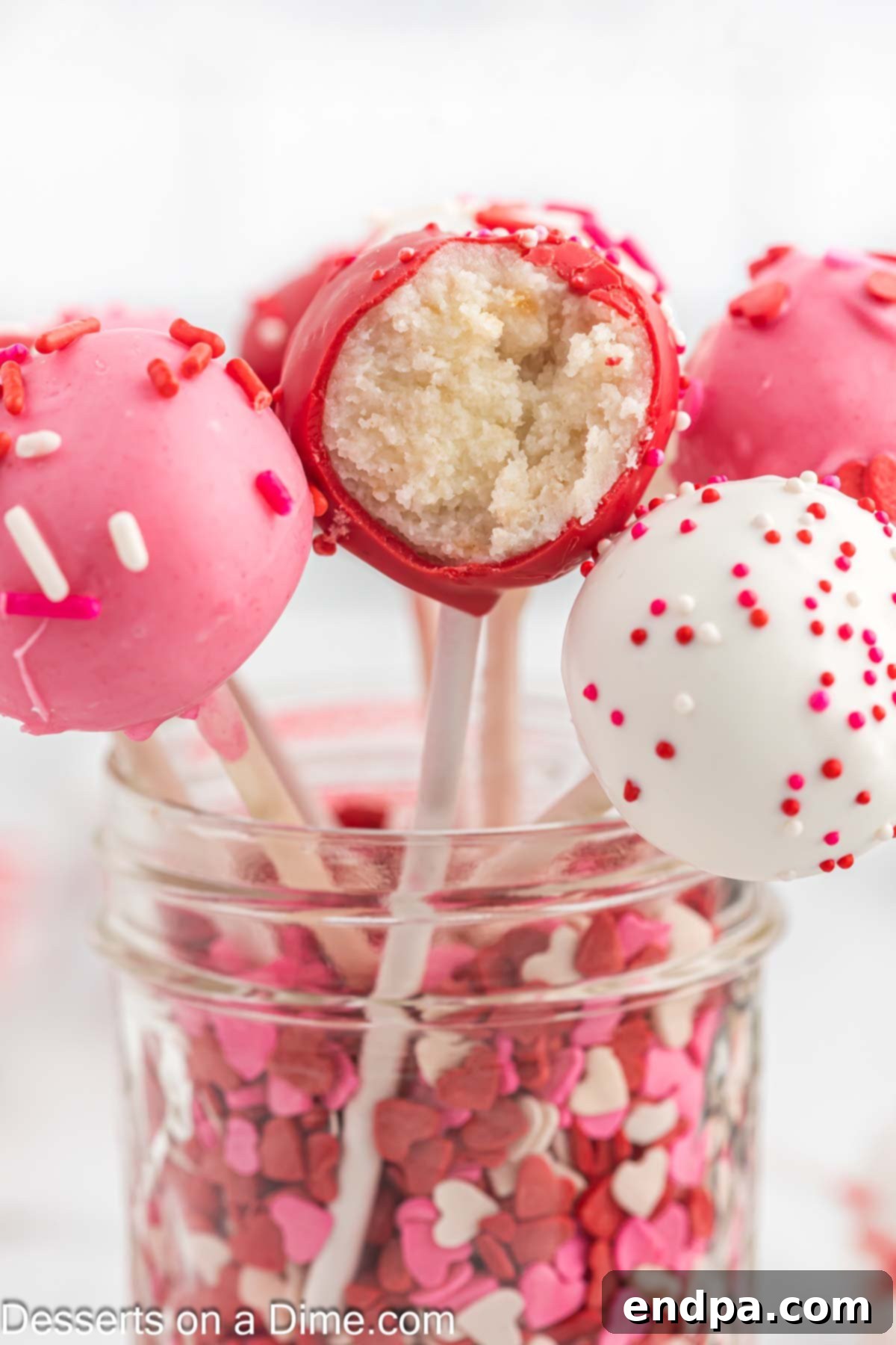 Valentine cake pops in glass. 