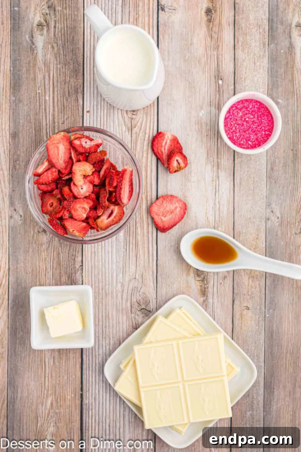 Ingredients for recipe - white chocolate, heavy cream, freeze-dried strawberries, vanilla extract, butter, pink sprinkles.