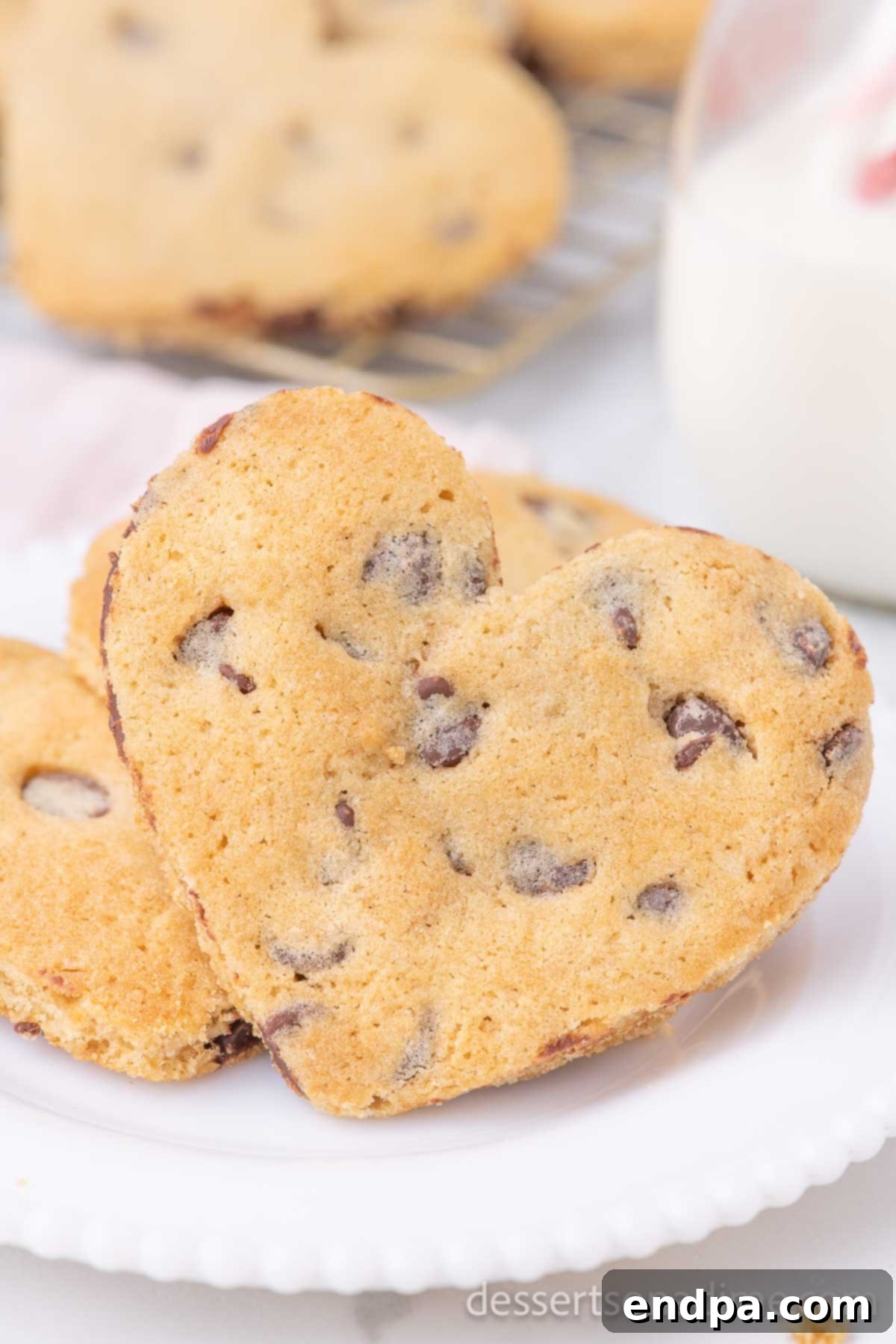 Heartfelt Chocolate Chip Bites 2 Delicious heart-shaped chocolate chip cookies freshly baked on a platter, ready for Valentine's Day.