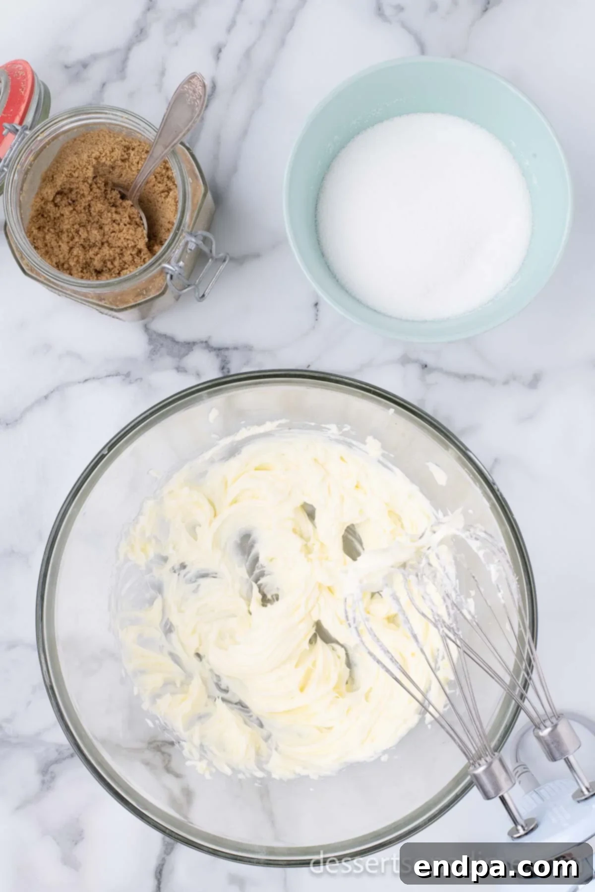 Heartfelt Chocolate Chip Bites 4 Softened butter, granulated sugar, and brown sugar combined in a large mixing bowl.
