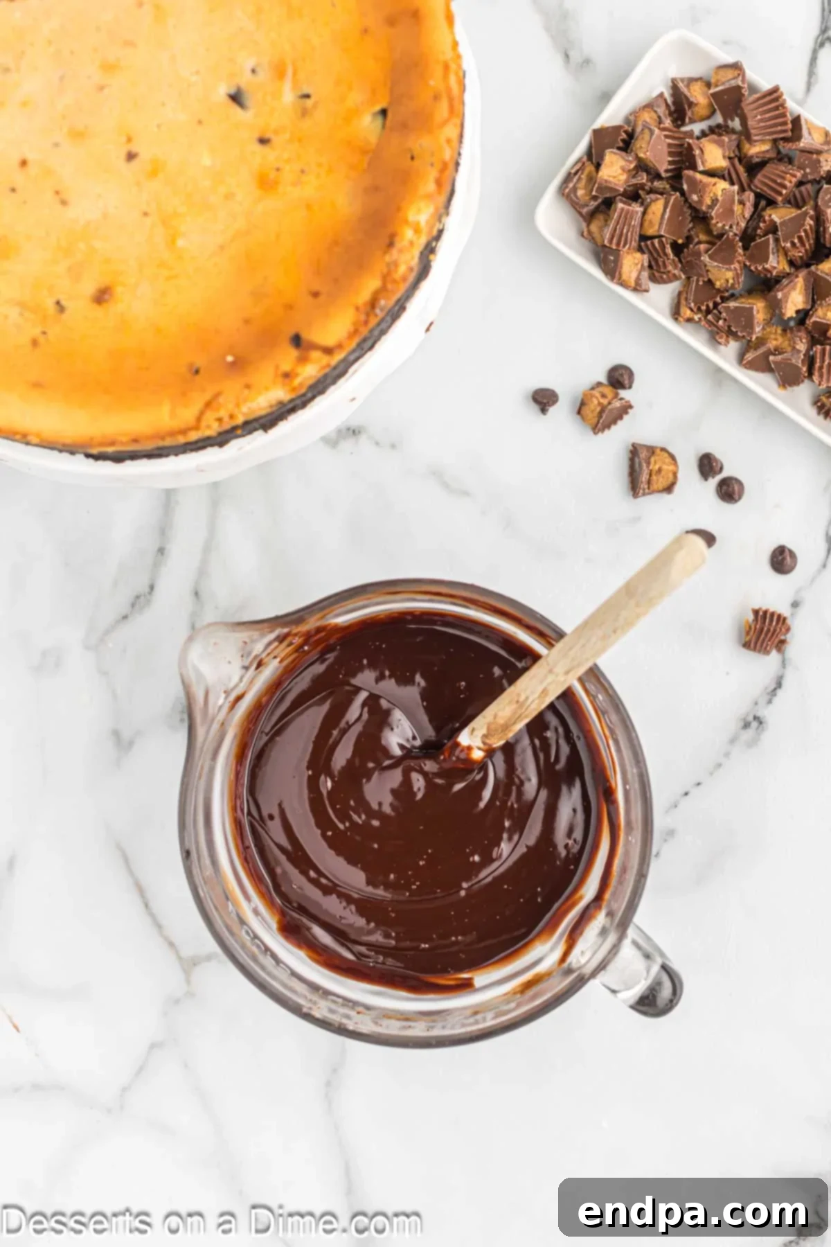 Chocolate mixture melted in container. 