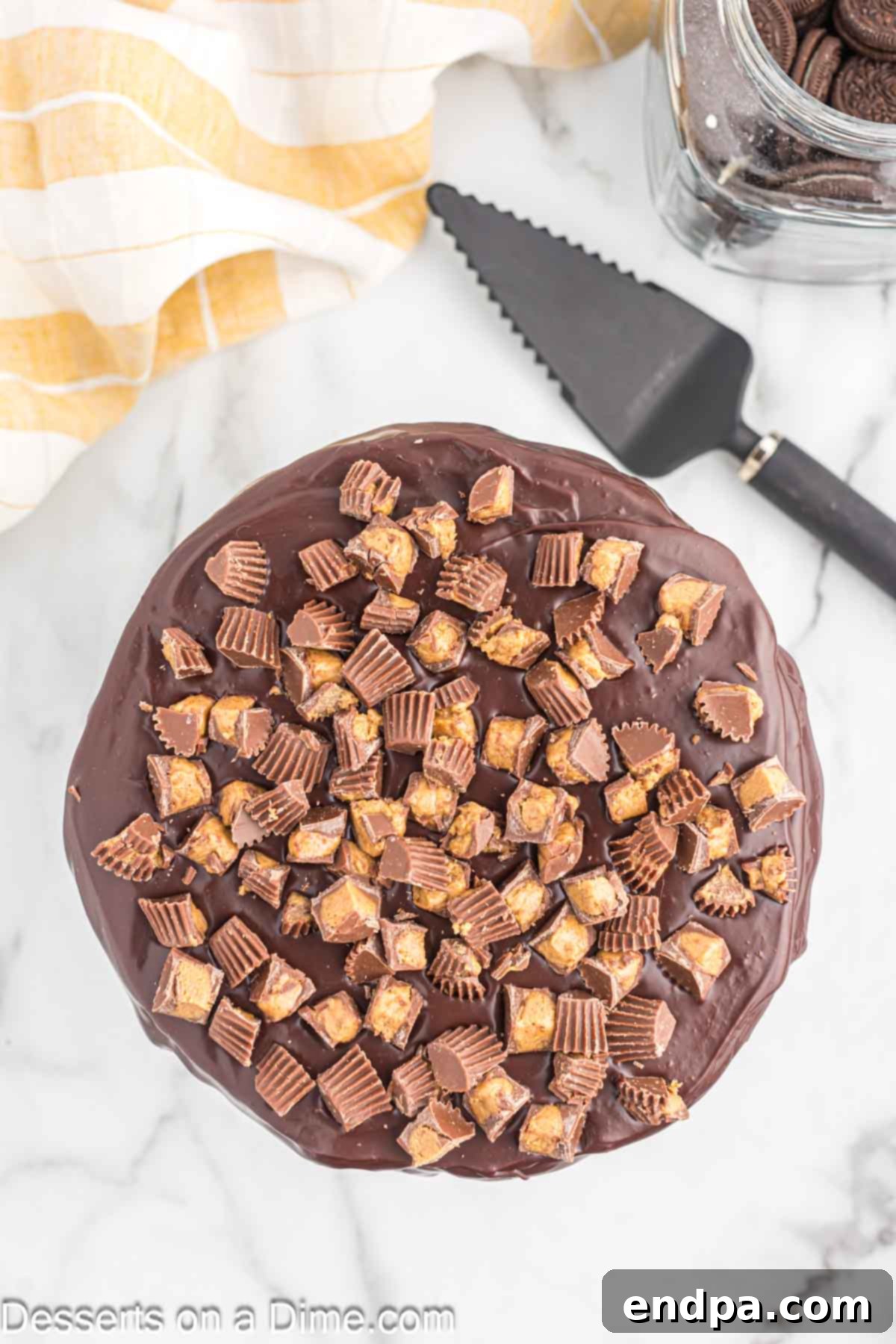 Peanut Butter Cups added to top of cheesecake. 