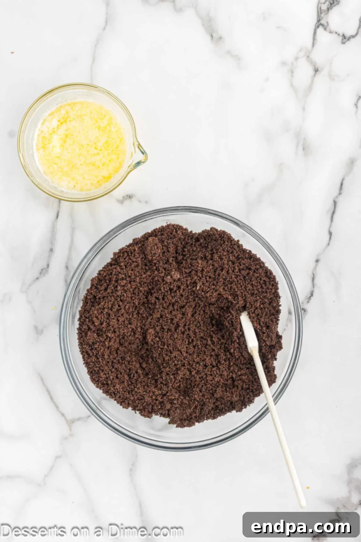 Crushed cookies in bowl. 