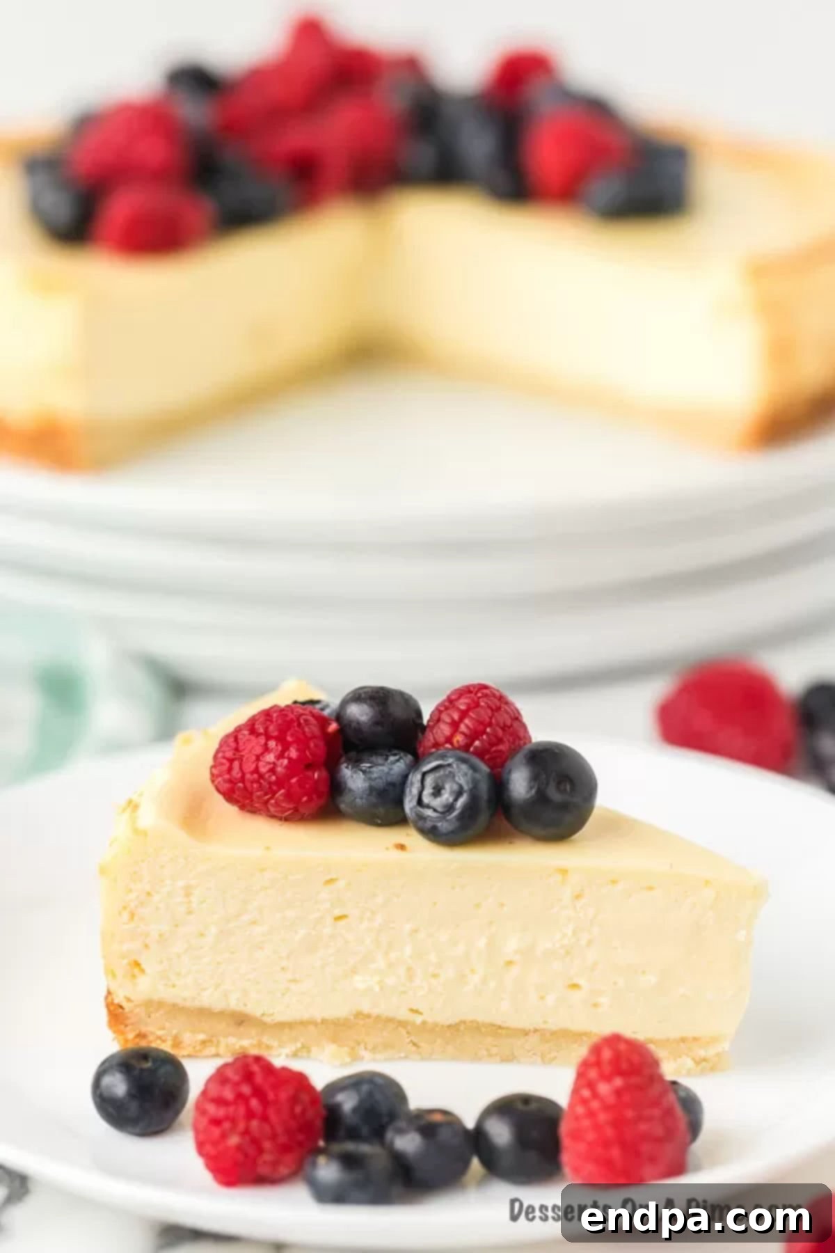 Slice of keto cheesecake with fresh berries on a plate.
