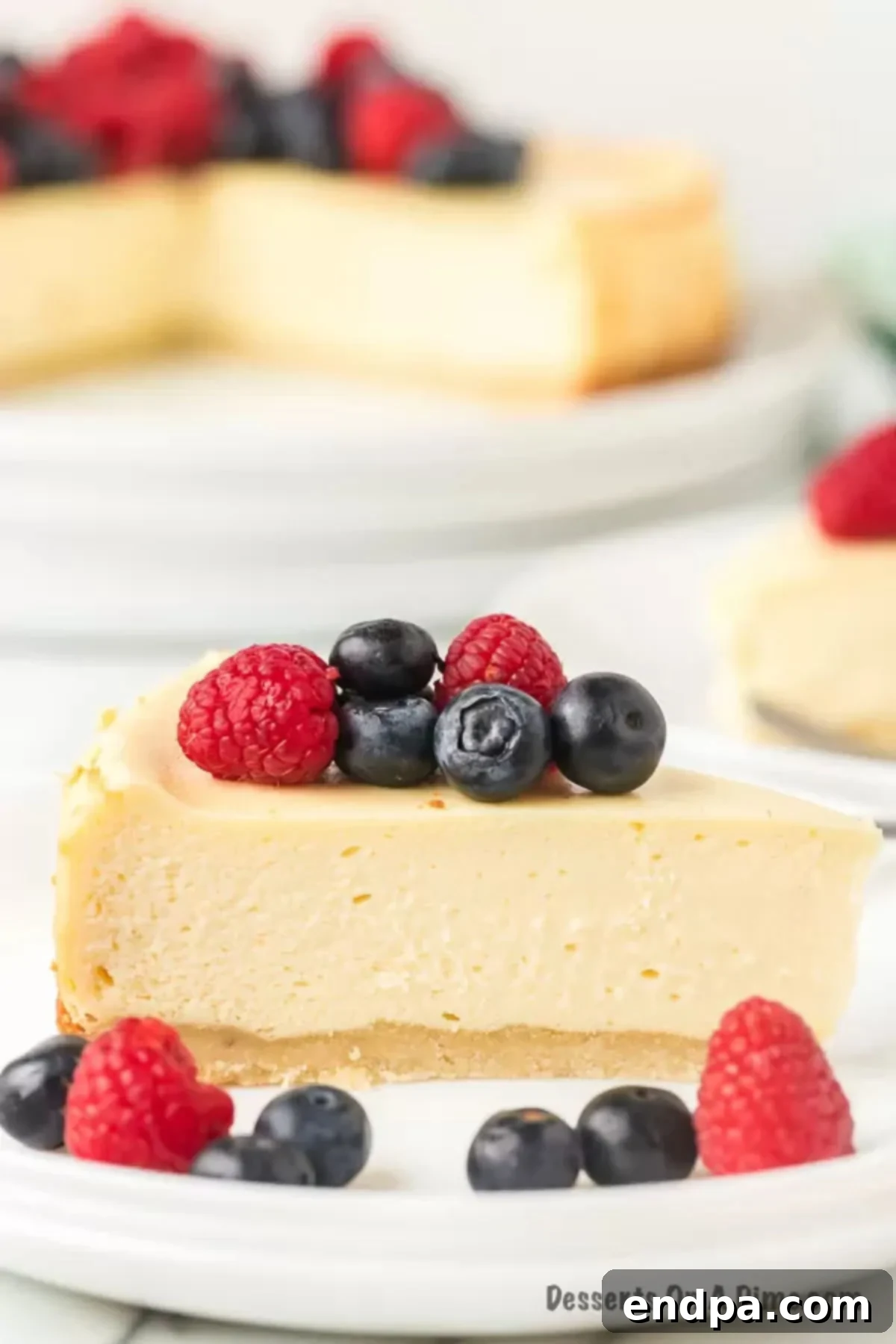 A beautifully presented slice of keto cheesecake on a white plate, garnished with fresh mixed berries.