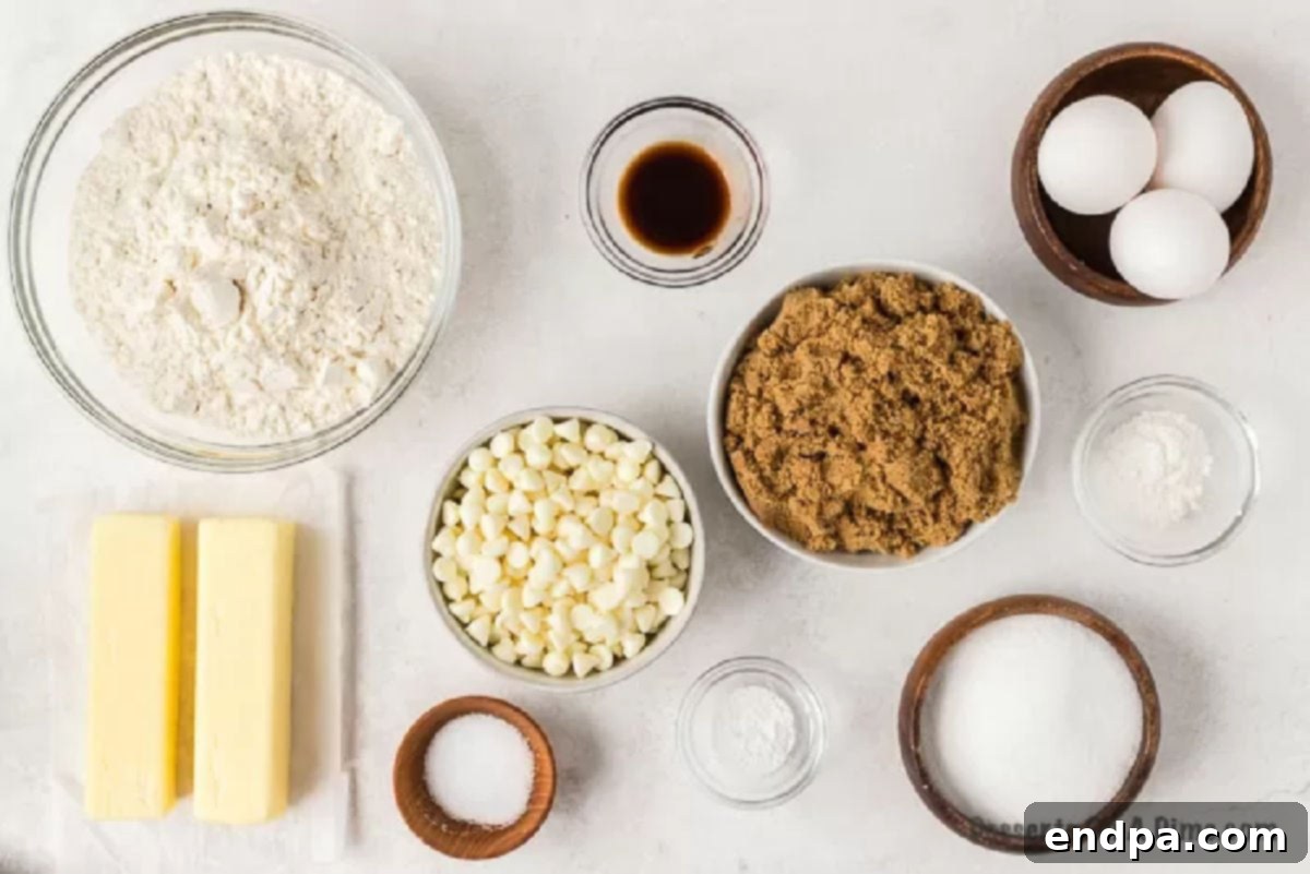 Ingredients needed - butter, dark brown sugar, sugar, vanilla extract, flour, eggs, cornstarch, baking powder, salt, white chocolate chips