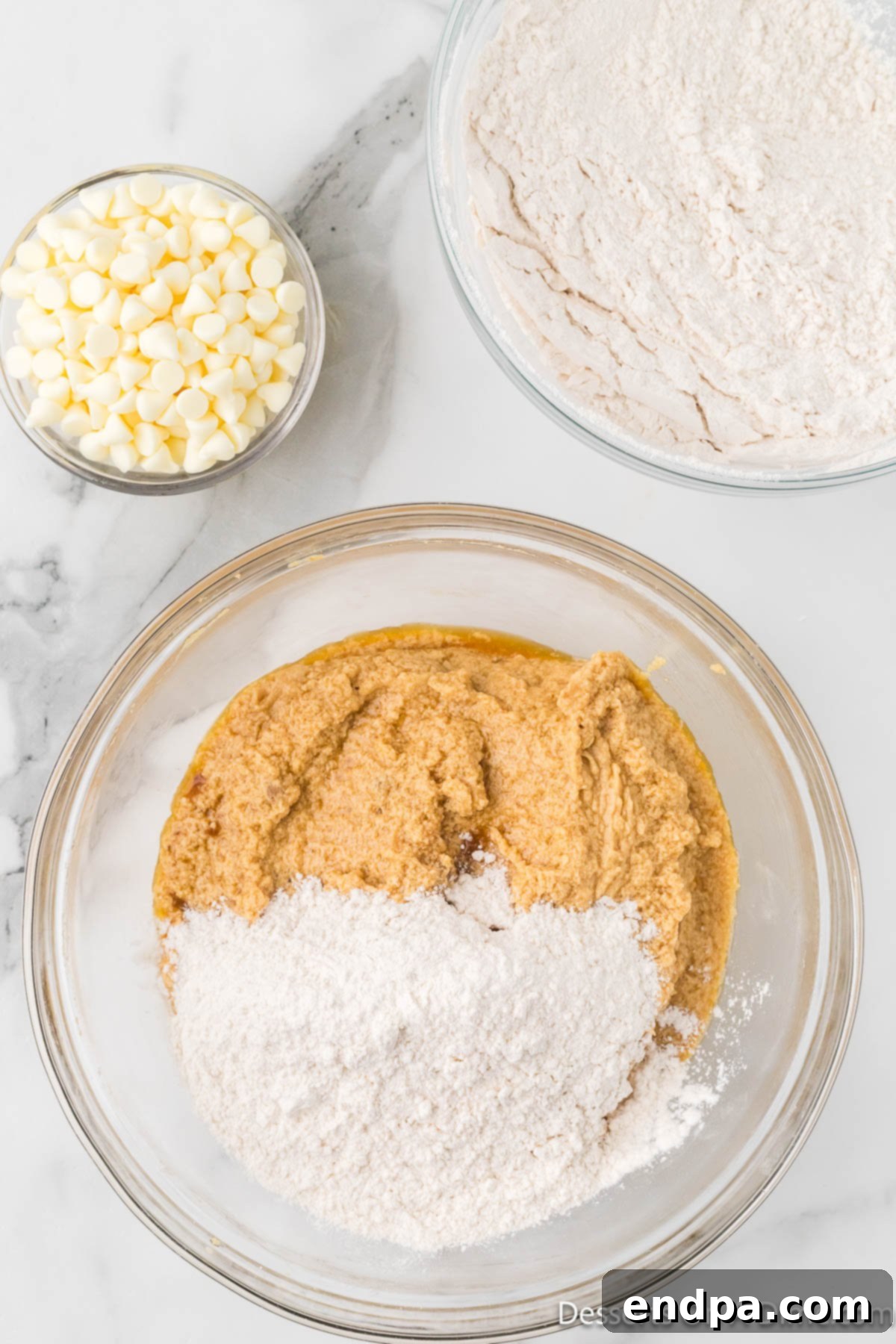 Dry ingredients poured into wet ingredients. 