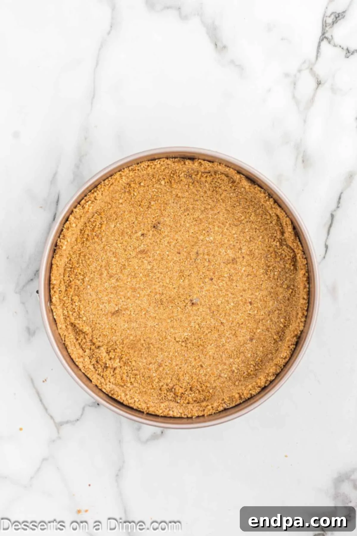 Graham cracker crust pressed into a springform pan, extending up the sides.