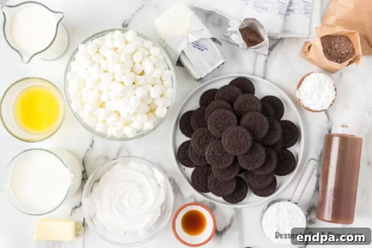 Decadent Hot Cocoa Lasagna 3 Ingredients for Hot Chocolate Lasagna: marshmallows, Oreo cookies, butter, cream cheese, powdered sugar, vanilla extract, Cool Whip, chocolate pudding mix, heavy cream, and chocolate topping.