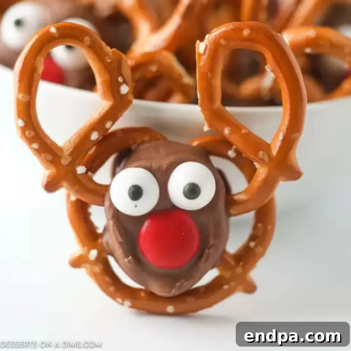 Festive Reindeer Twists 3 A square image of a finished Reindeer Pretzel treat, ready for serving.