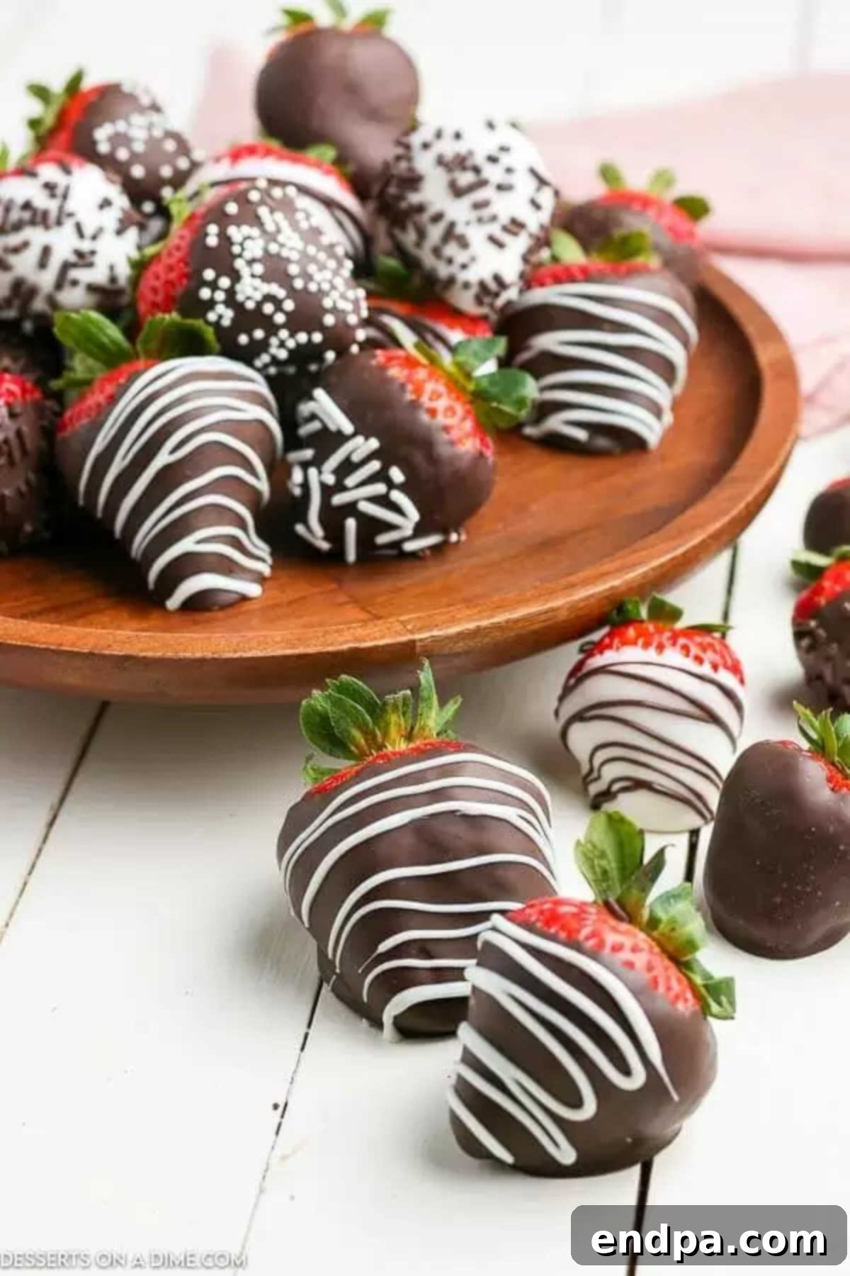 Freshly made chocolate covered strawberries with white chocolate drizzle on a platter, ready to serve.