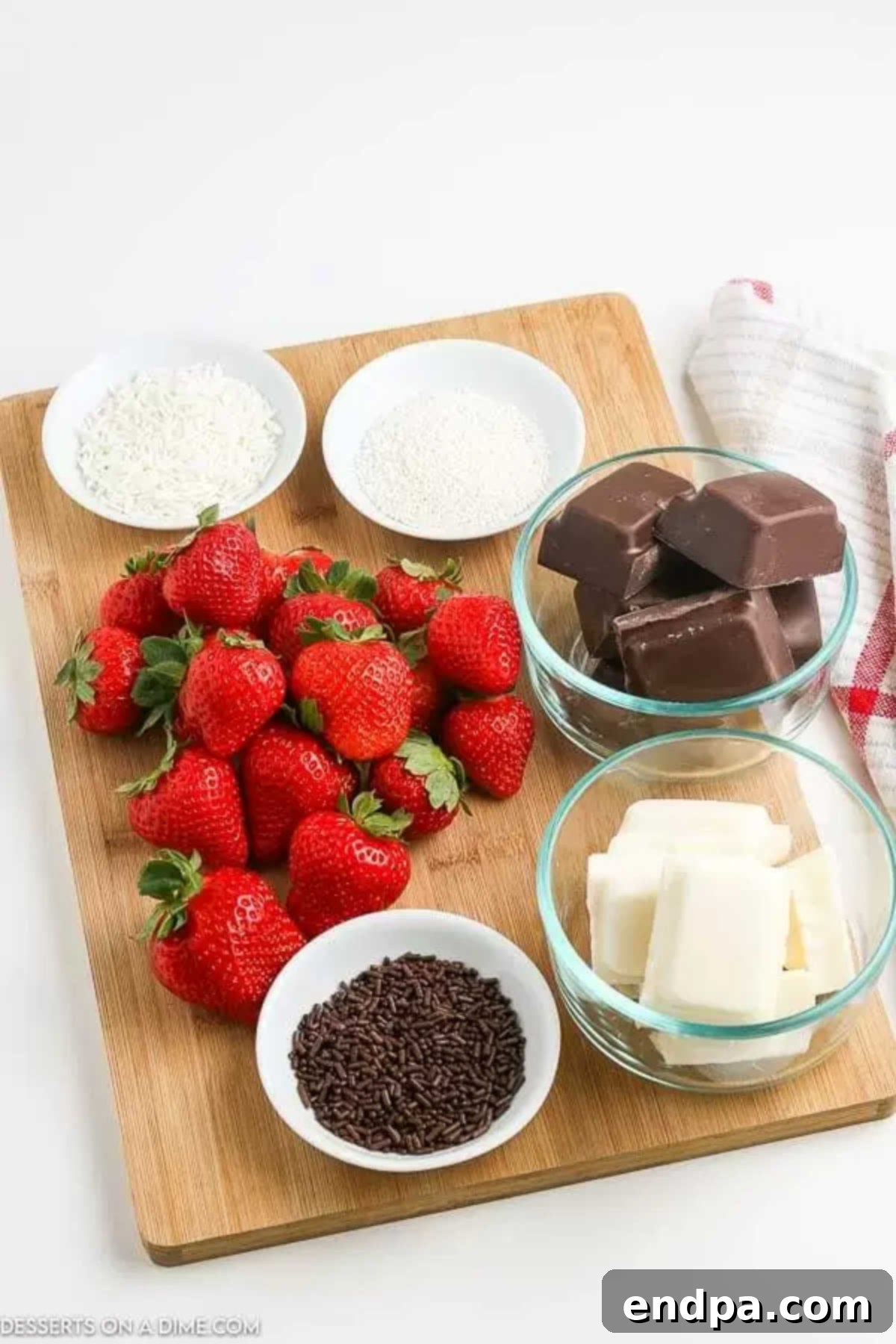 Fresh strawberries, chocolate almond bark, white chocolate almond bark, and assorted sprinkles laid out as ingredients for chocolate covered strawberries.