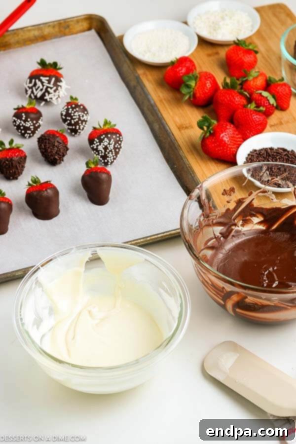 Bowls with melted chocolate, ready for dipping fresh strawberries.