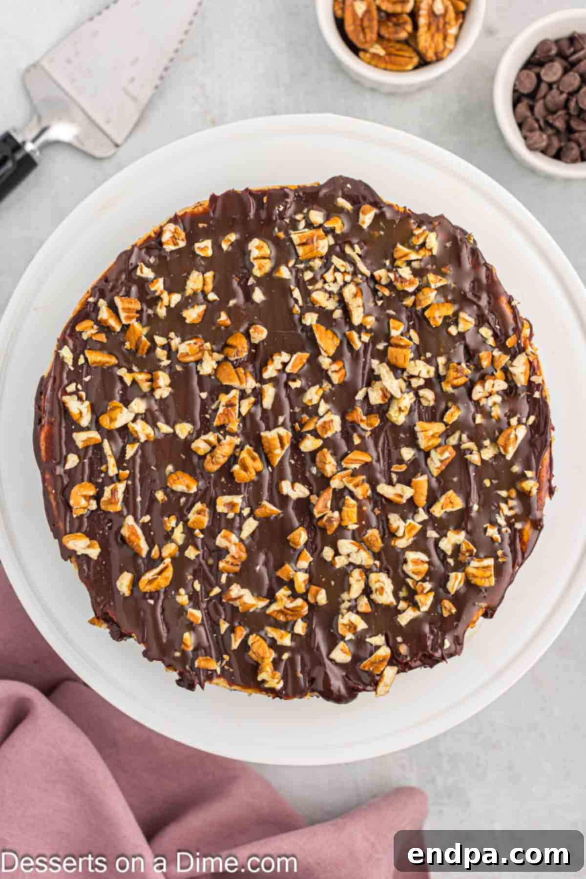 Chocolate ganache and chopped pecans drizzled over the top of a chilled Turtle Cheesecake.