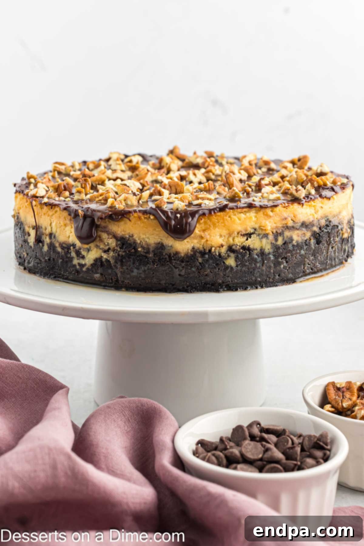 A beautiful Turtle Cheesecake presented on a elegant serving stand.