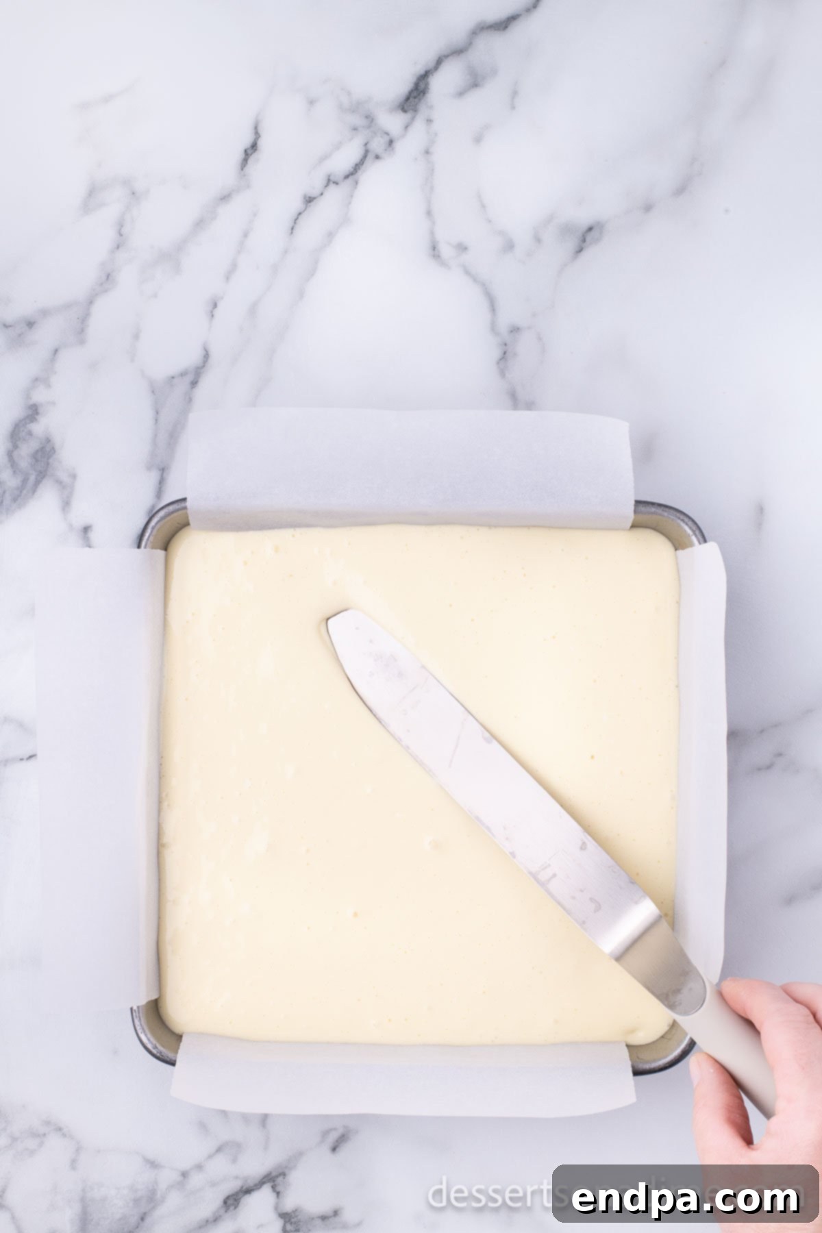 Creamy Cheesecake Delights 8 Smooth cheesecake batter spread evenly over the graham cracker crust in the baking pan.