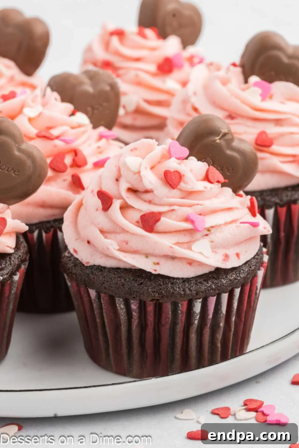 Sweetheart Swirl Cupcakes 2 Valentine Cupcakes on a platter ready to serve.
