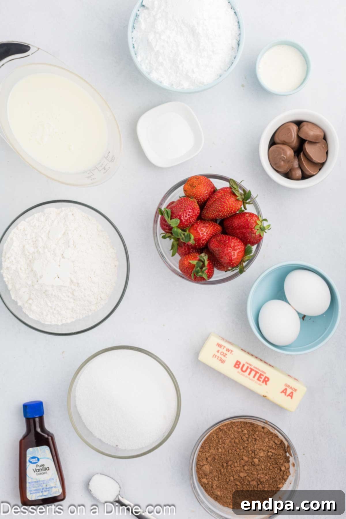 Sweetheart Swirl Cupcakes 3 Ingredients for valentine cupcakes - flour, cocoa powder, baking soda, eggs, buttermilk.