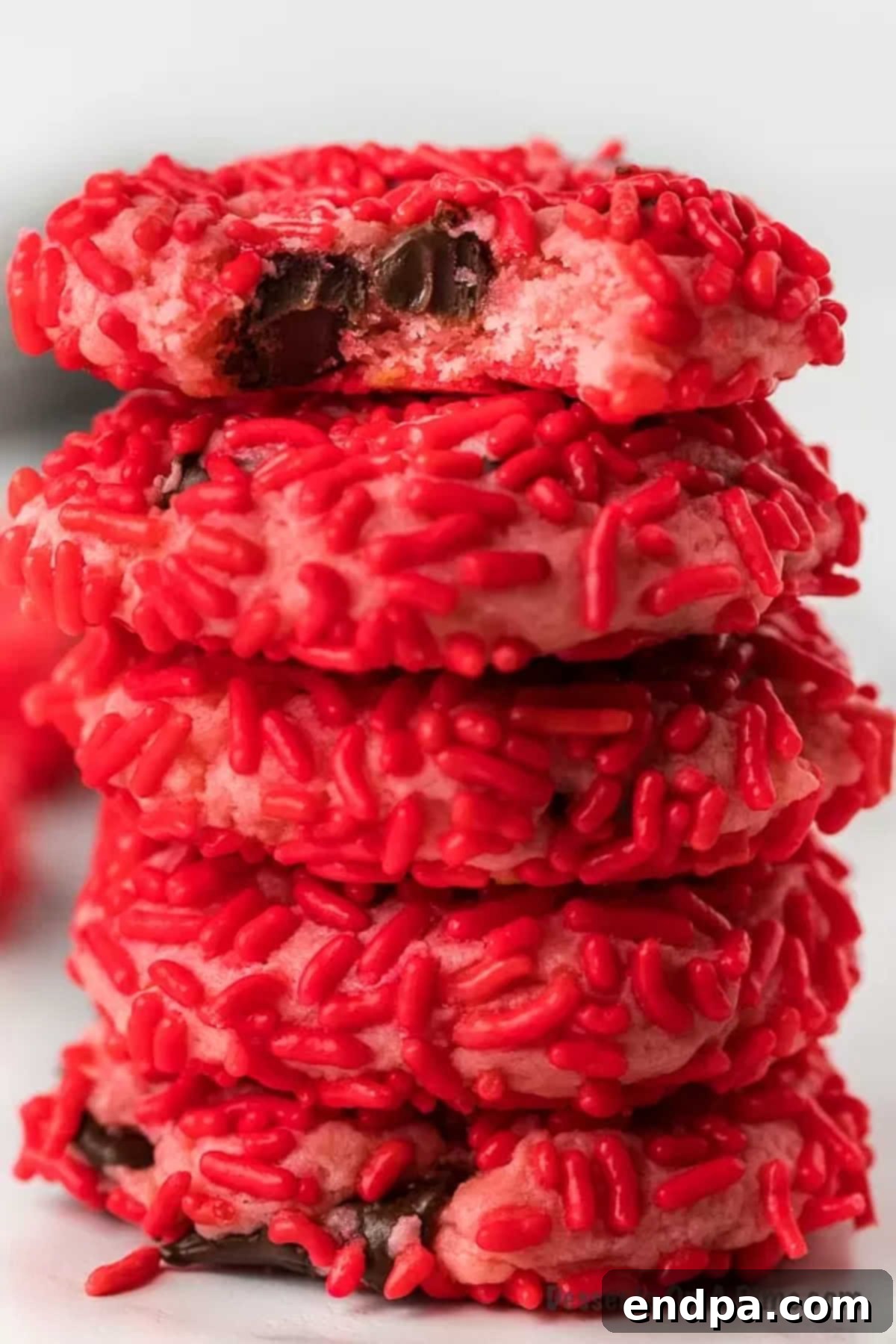 Stacked Strawberry Chocolate Chip Cookies, showcasing their vibrant pink hue and chocolate chips.