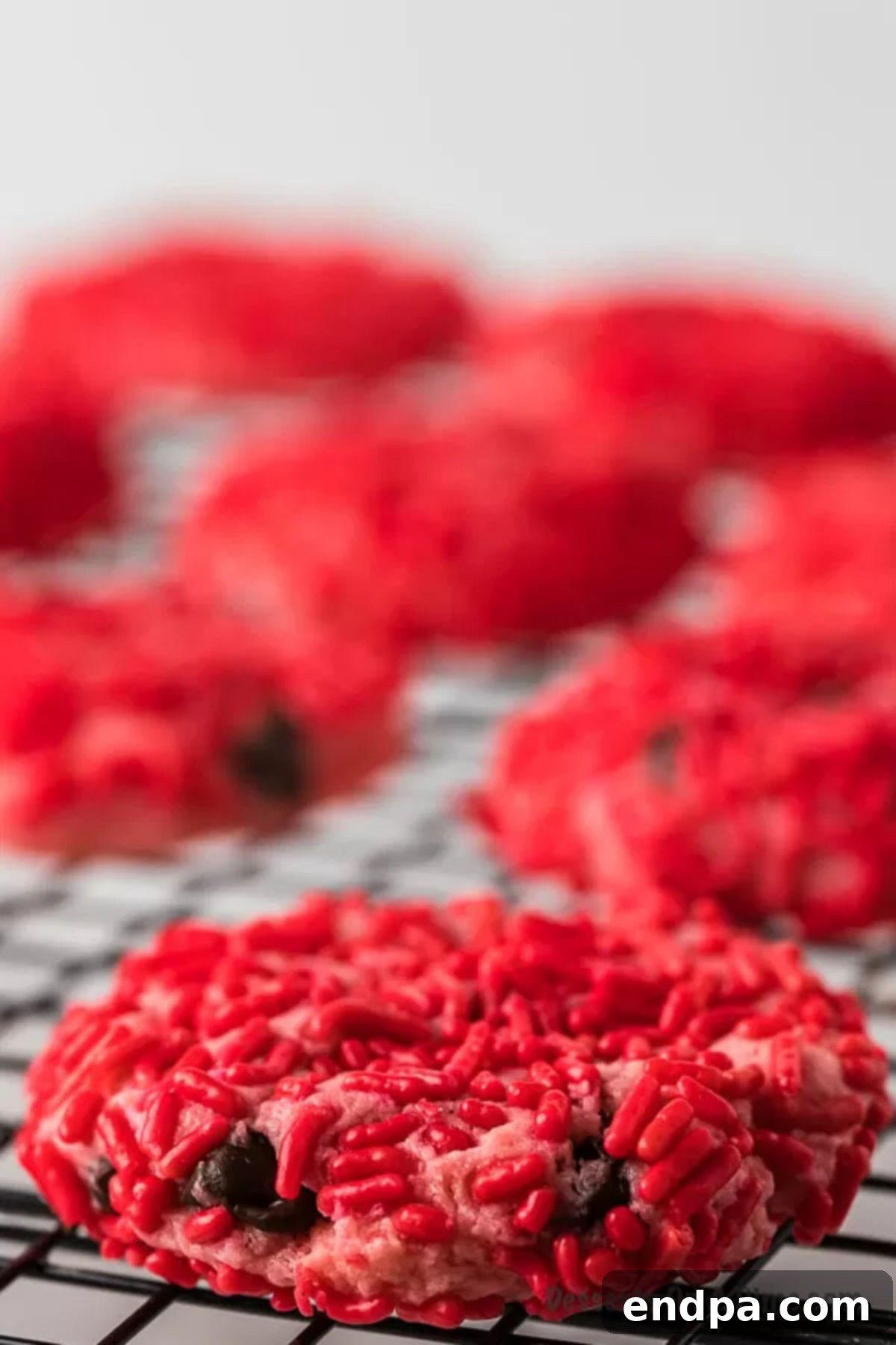 A single Strawberry Chocolate Chip Cookie resting on a wire cooling rack, perfect for a close-up.