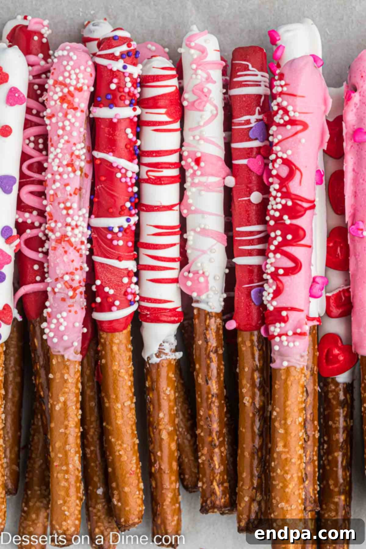Valentine's Day Pretzel Rods stacked neatly in a glass, showcasing their vibrant decorations and ready for presentation.
